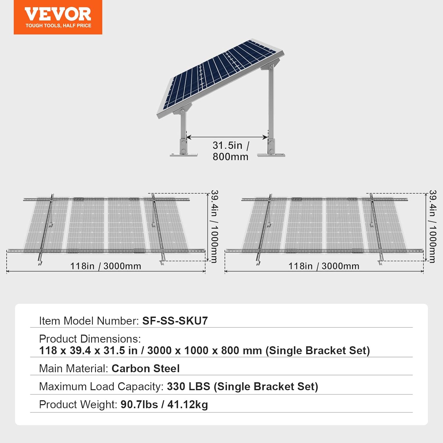 VEVOR 2-Set Solar Panel Mounting Brackets, 30°-60° Adjustable Multi-Piece Brackets for 4-8pcs Panels, Carbon Steel Ground Mount Stand for Farms, RVs, Boats, Off-Grid