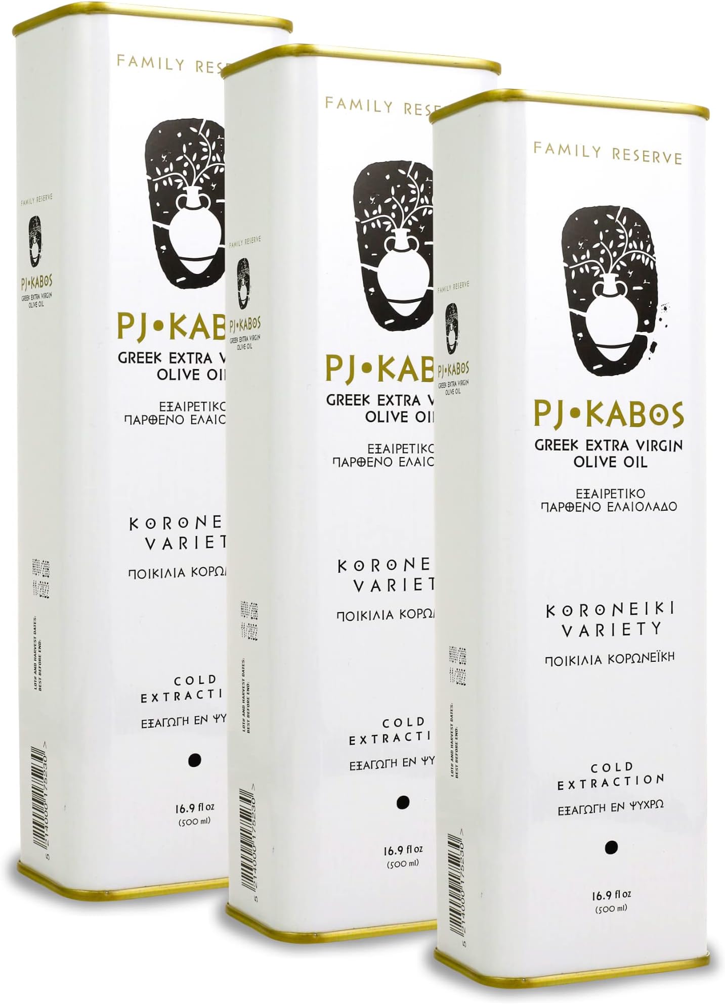 P.J. KABOS Fresh 2025/26 Harvest, High Phenolic (400+mg/kg), Natural Greek Extra Virgin Olive Oil, Kosher, Greece, Cold Extracted, 16.9 oz Tin, Koroneiki, "Family Reserve -Medium" (3-Pack)