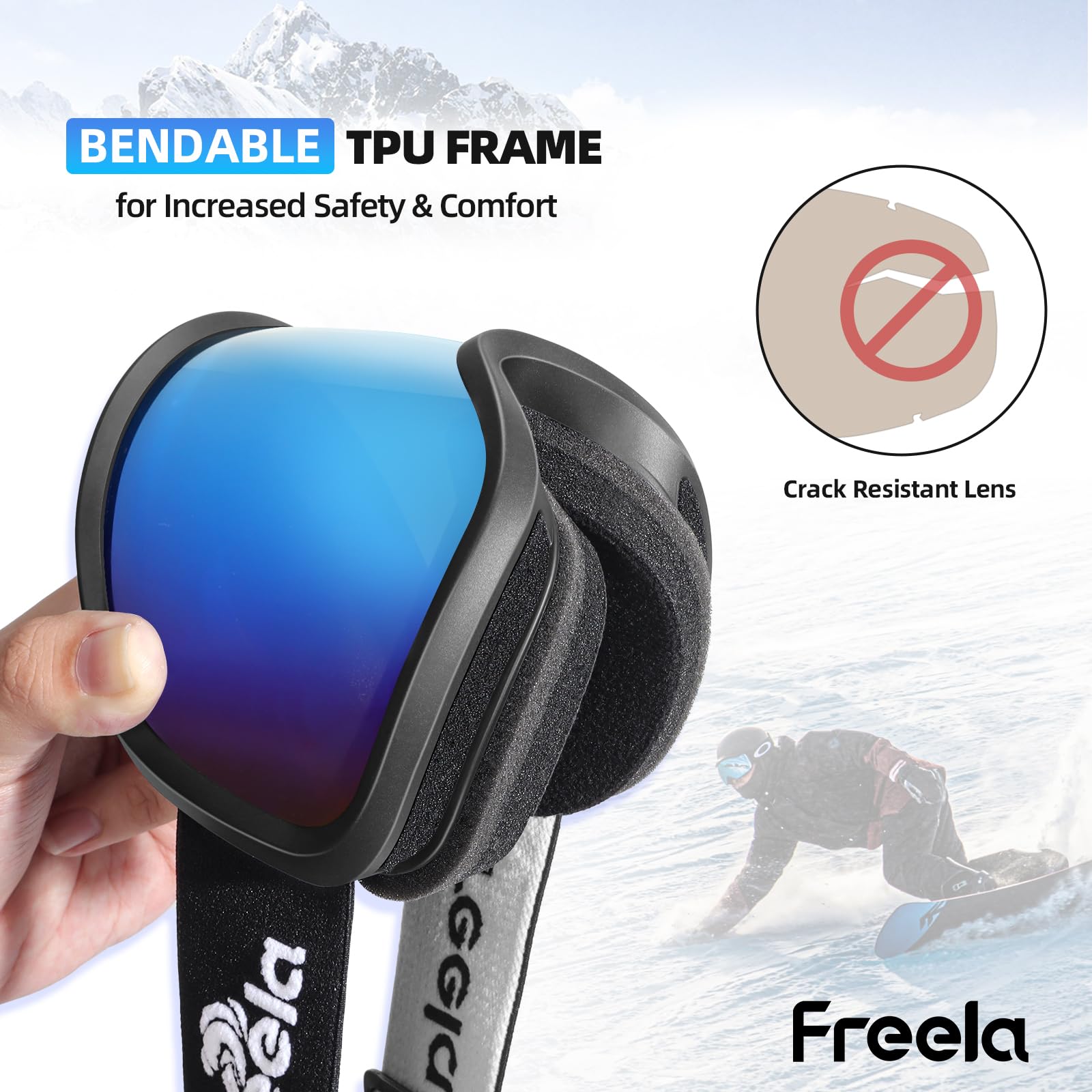 Freela Occhiali da sci OTG uomo donna sopra occhiali neve snowboard sport occhiali per adulti giovani 100% protezione UV400 anti nebbia