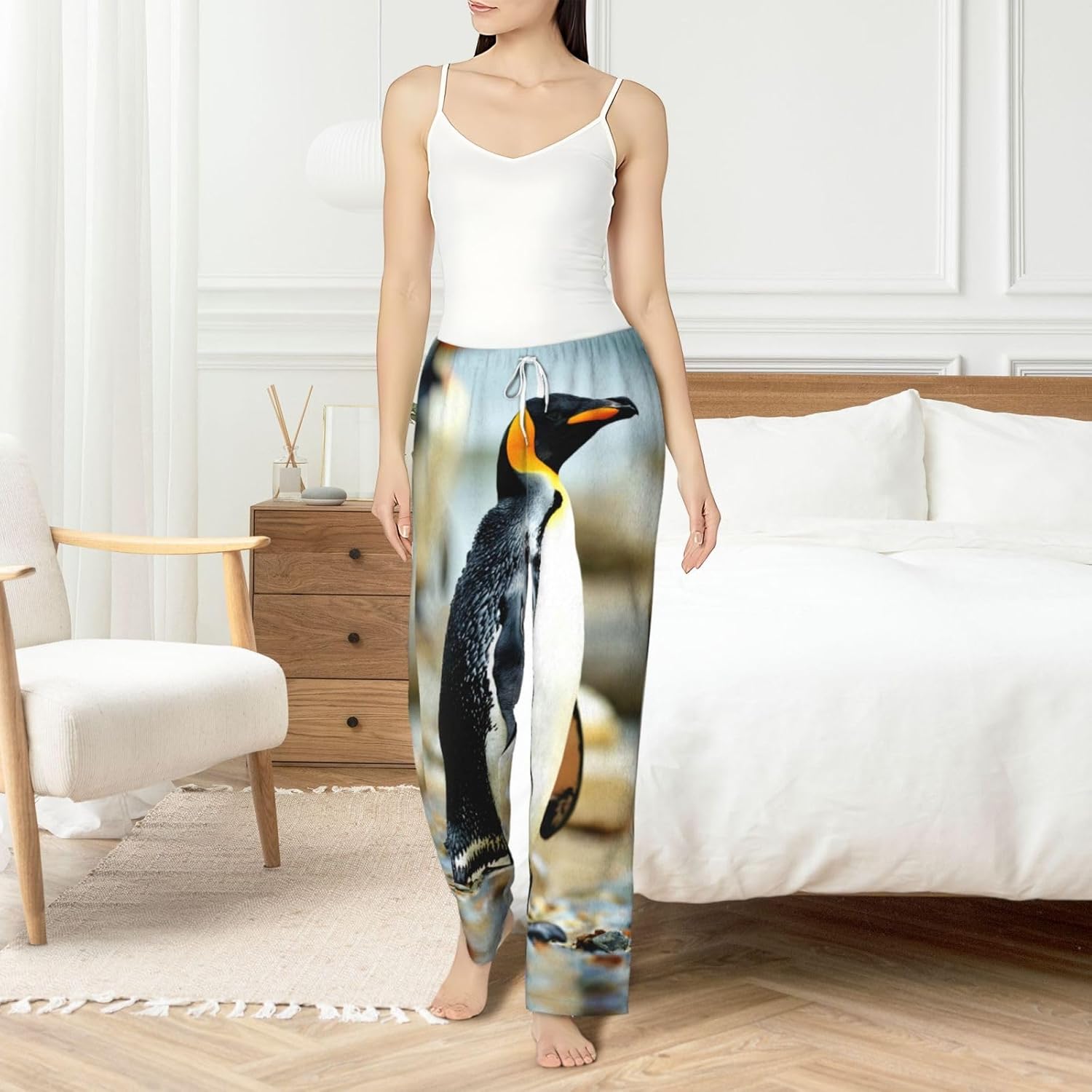 Penguin Print Cozy Flannel Pajama Pants For Women,Warm Christmas Pj Pants,Cute Fleece Pajamas