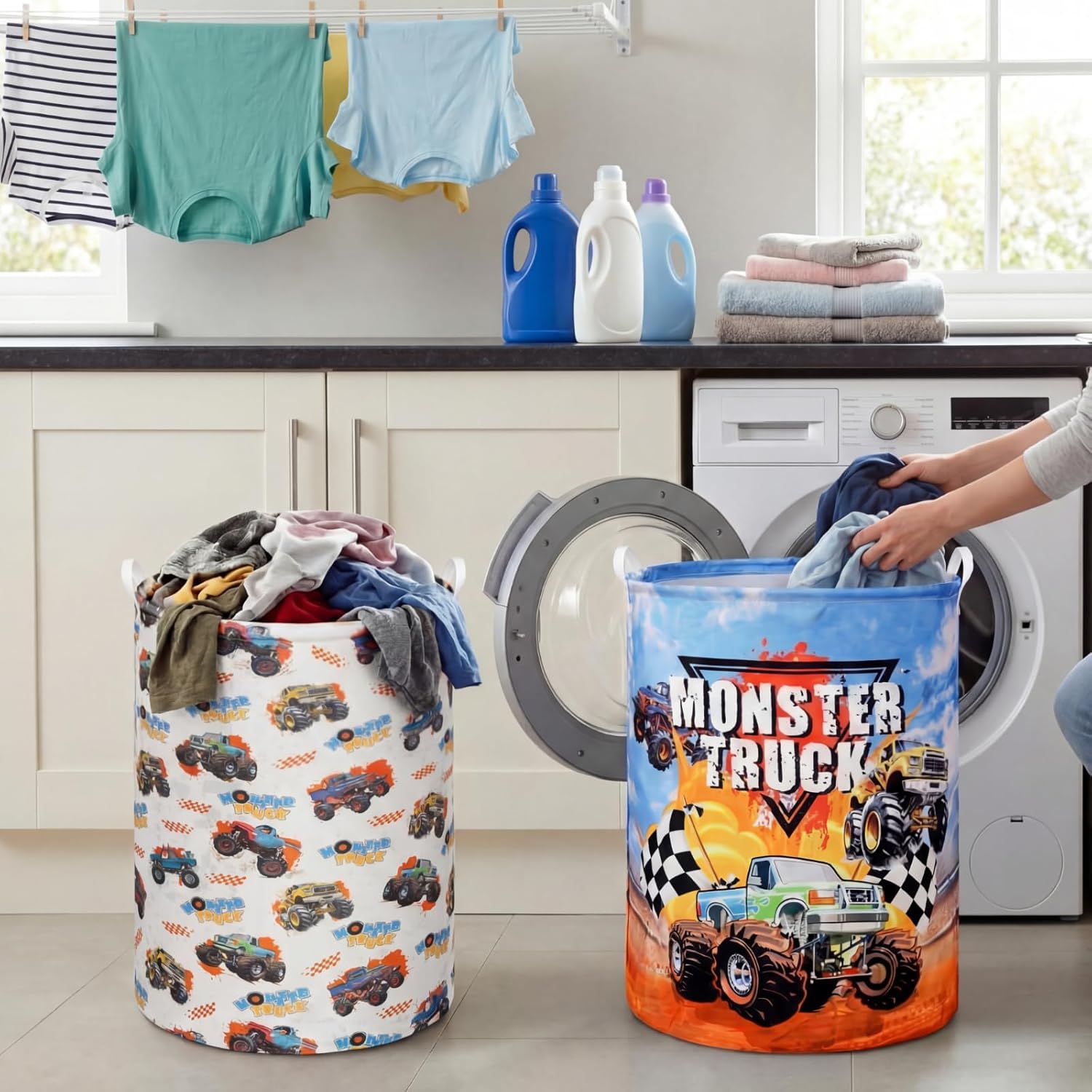 2 Pcs Monster Truck Laundry Hamper Basket Monster Truck Room Decor 19.7x14.6 Inch Round Collapsible Toy Storage Organizer Clothes Basket with Waterproof Layer for Closet Bedroom Playroom