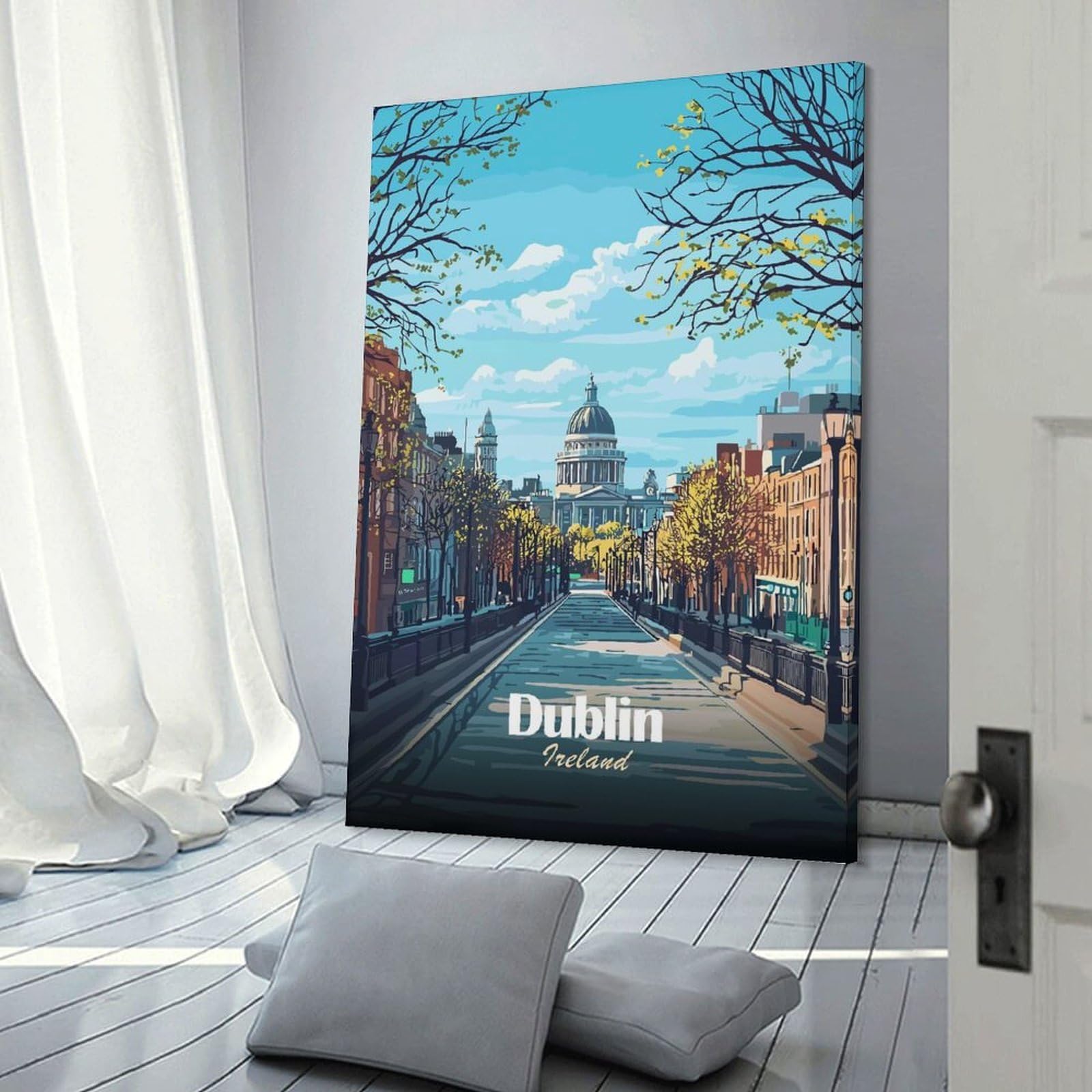 Junmoney Frame-Style Wall Art Print Dublin, Ireland Cityscape Illustration, 20X30inch(50X75cm), For Bedroom Decor, Cosy Corners Or Studios, Decorative Wall Art For Cosy Rooms