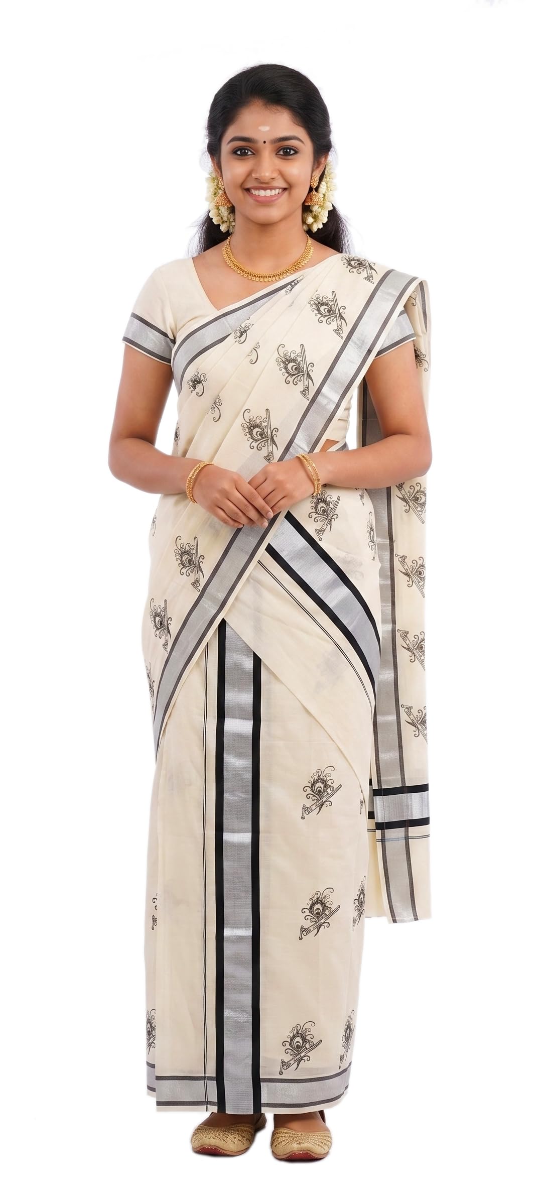 Women's Kerala Traditional Printed Cotton Set Mundu 2.80&2.00 Mtr| Kerala Traditional Mundum Neriyathum for Vishu & Onam Festivals-image-0