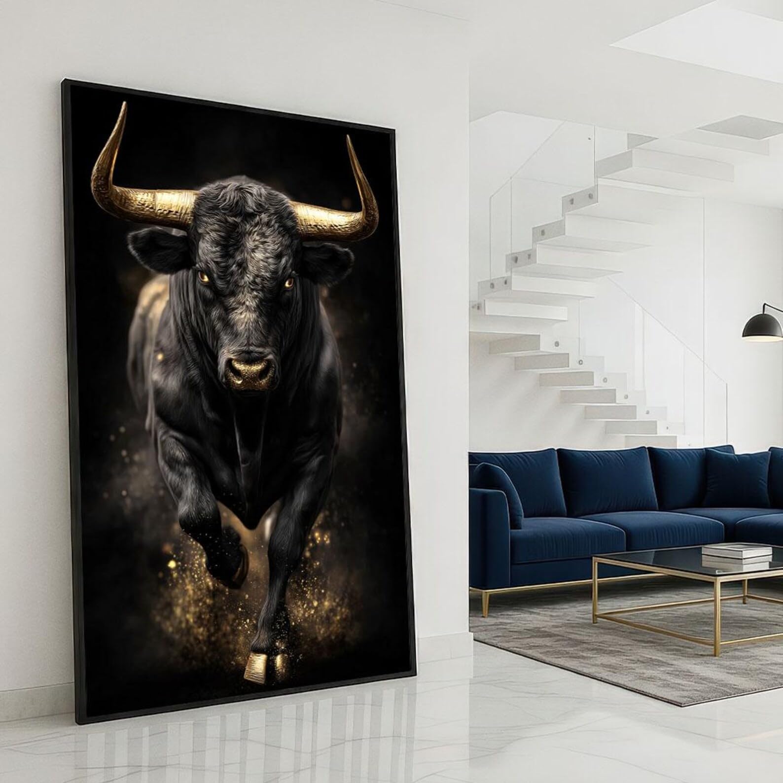 CAOXTART Black Bull Canvas Prints, Golden Horns Wall Art Picture, Abstract Animals Canvas Oil Painting for Living Room Home Decor(50x75cm/Frameless)