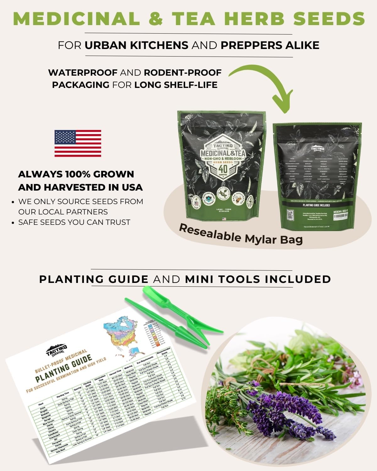 Tactiko Survival 40 Medicinal & Tea Herb Seeds Variety Pack, Indoor & Outdoor Herbal Garden Kit, USA Grown Heirloom Non-GMO, Herbal Seeds for Teas, Resealable Mylar Bag for Long-Term Storage