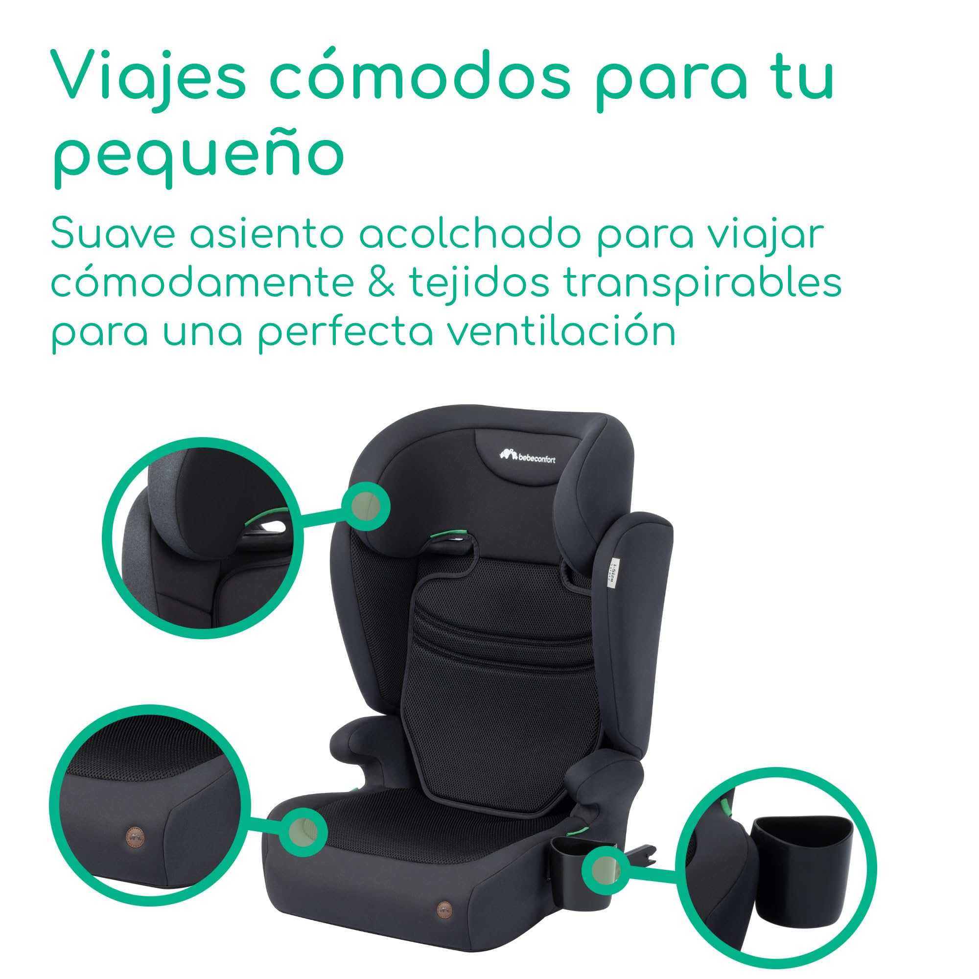 Bebeconfort Ride 2-in-1 i-Size Asiento Elevador con respaldo para coche, 100–150 cm, 3,5–12 años, silla coche ISOFIX, respaldo desmontable, 3,7 kg, 11 posiciones reposacabezas, portavasos, Full Black