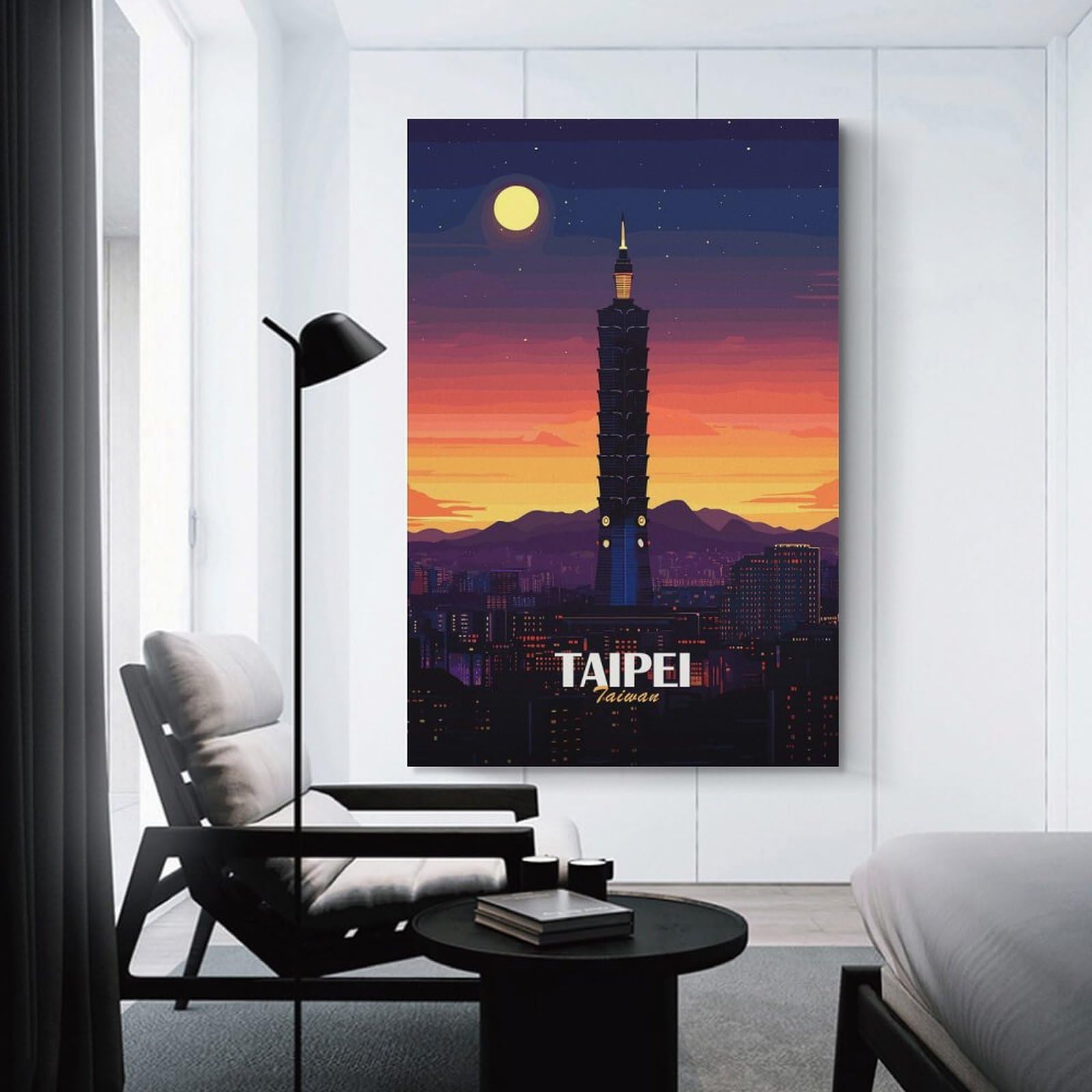 Junmoney Hanging Wall Art Taipei Taiwan Cityscape at Sunset, 08x12inch(20x30cm), for Sofa Walls, Lounge Or Home Corners, Canvas Styling for A Polished Room Look