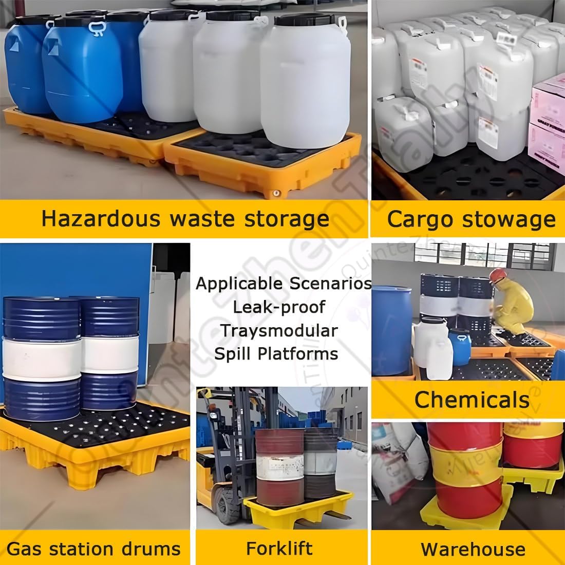 Modular Anti-Skid Pallets,Leak-Proof Plastic Tray,Spill Platform with Drain Outlet,Polyethylene,Large Capacity,Non-Slip,Stack,for Oil Drums & IBC Tanks 335x335x55mm