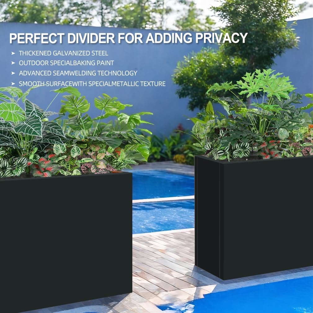 Metal Tall Long Planter Box Large Rectangular Planter Flower Pot with Drainage Holes for Indoor Outdoor Deck Porch Garden Home Patio Front Door (Black, 28" L x 9" W x 26" H)