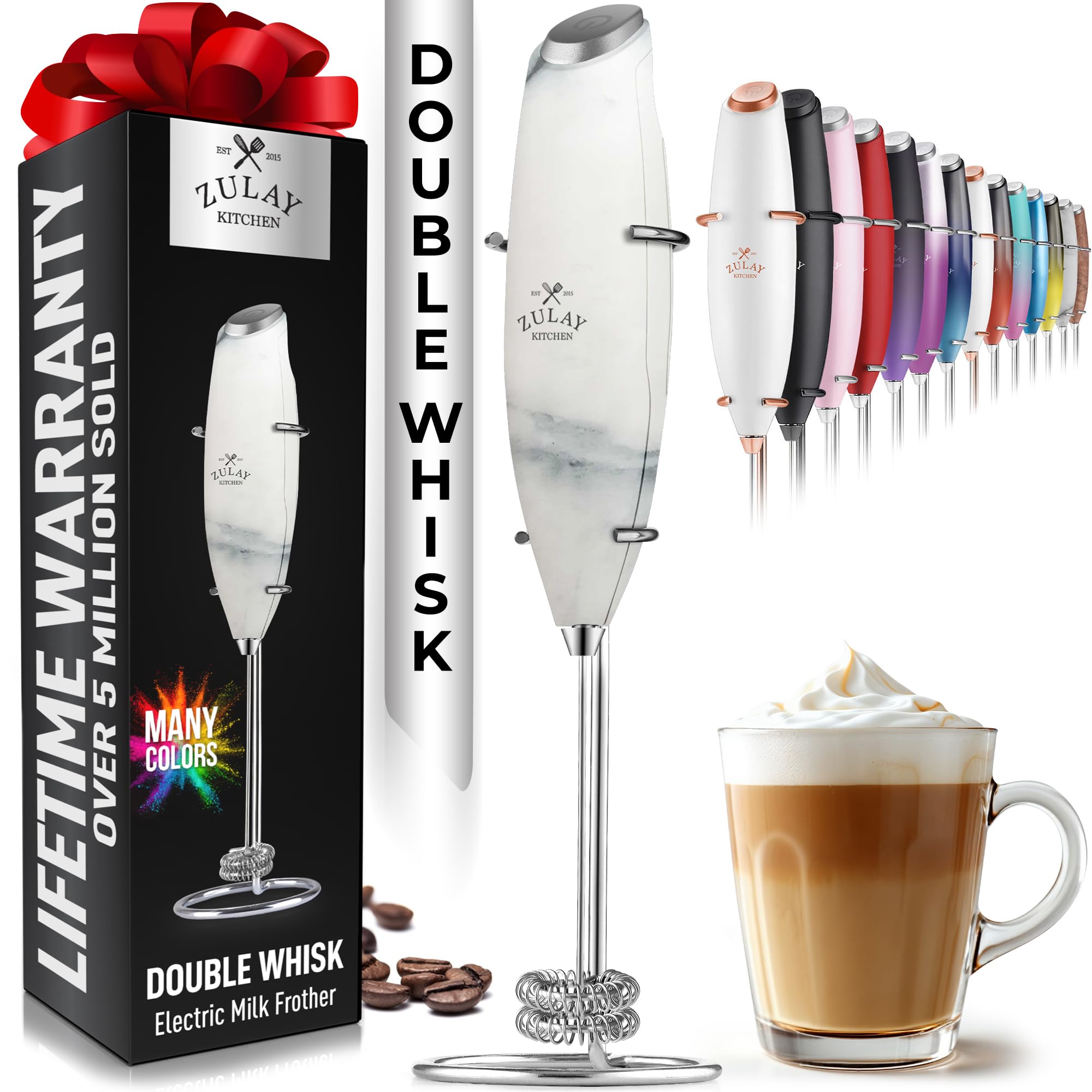 Zulay Kitchen Powerful Double Whisk Milk Frother Handheld - Foam Maker With Stand - Whisk Drink Mixer for Coffee, Mini Foamer for Latte, Matcha, Frappe, Hot Chocolate & Cappuccino (Crystal Quartz)