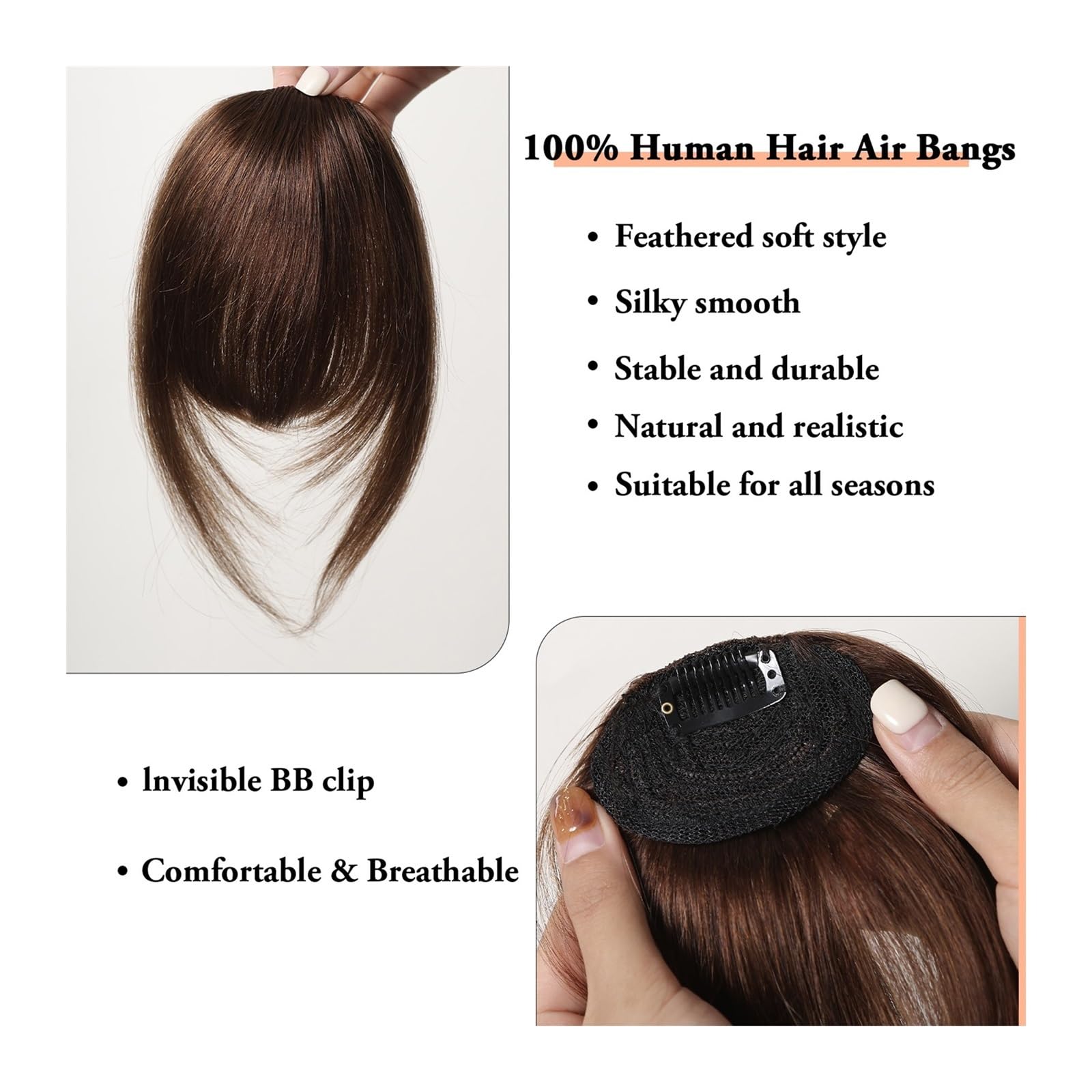 Pinza para el pelo con flequillo Flequillo con pinza for el cabello, flequillo 100% de cabello humano, flequillo francés marrón Natural con patillas, postizos gruesos falsos planos y limpios for mujer