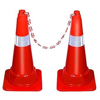 ABS INDUSTRY Safety Cones Injection Moulded 2 Cones 1.2 kg with 2 Meters S Hook Safety Chain Multipurpose PVC Plastic Traffic Safety Cone and Highly Visible Reflective Collar