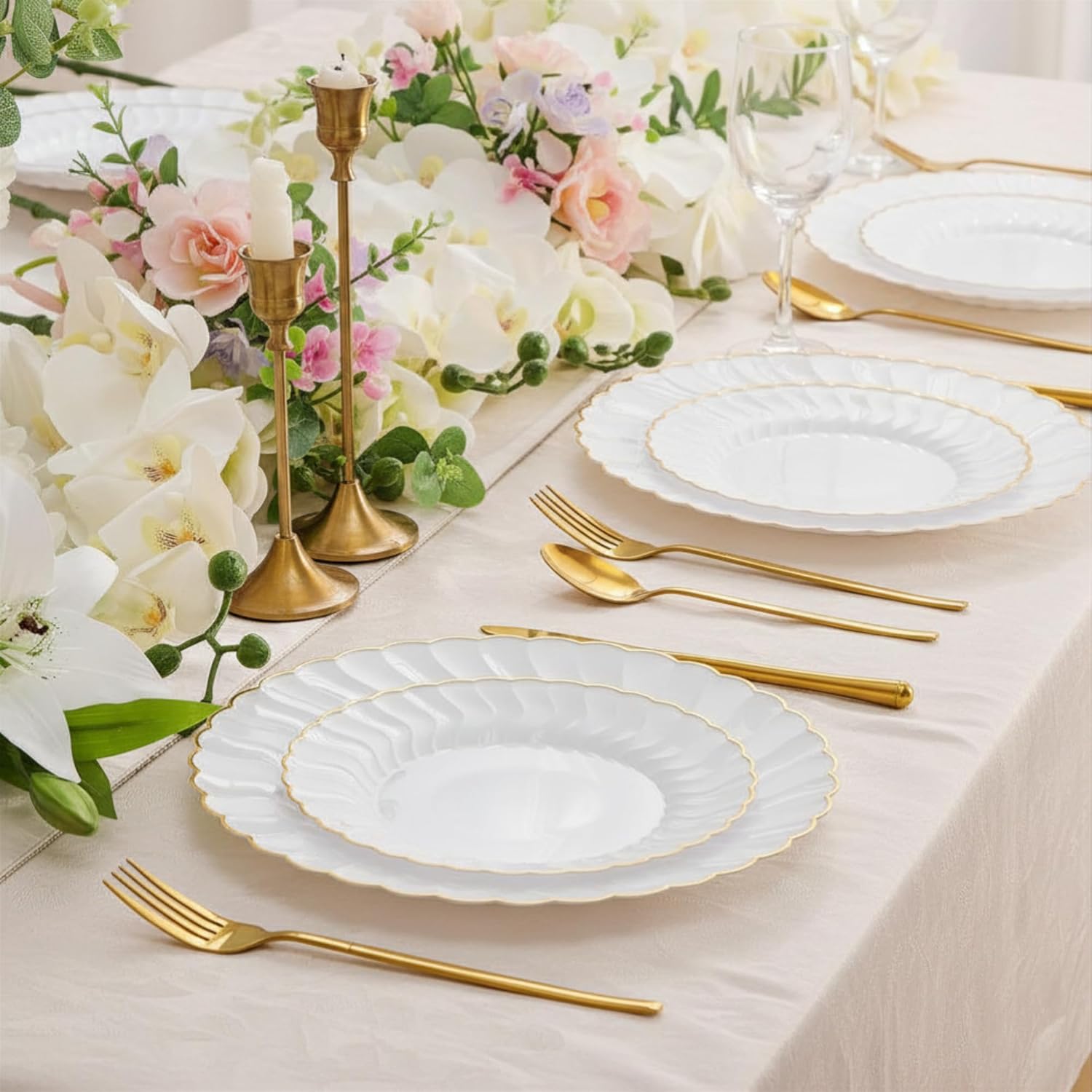 80PCS Elegant Heavy Duty Disposable Plastic Plates – Premium White Scalloped Plates with Gold Rim, 40 Dinner (10.25") & 40 Dessert (7.5") – Disposable Plastic Plates for Party & Special Occasions