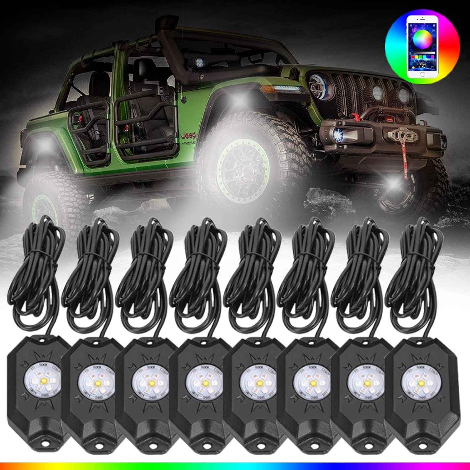RGB Led Rock Lights Kits - 4 Pod Lights with Blue-Tooth Controller, Timing Function, Music Mode Waterproof LED Neon Underglow Light Compatible with Jeep Off Road Truck SUV ATV : Everything Else