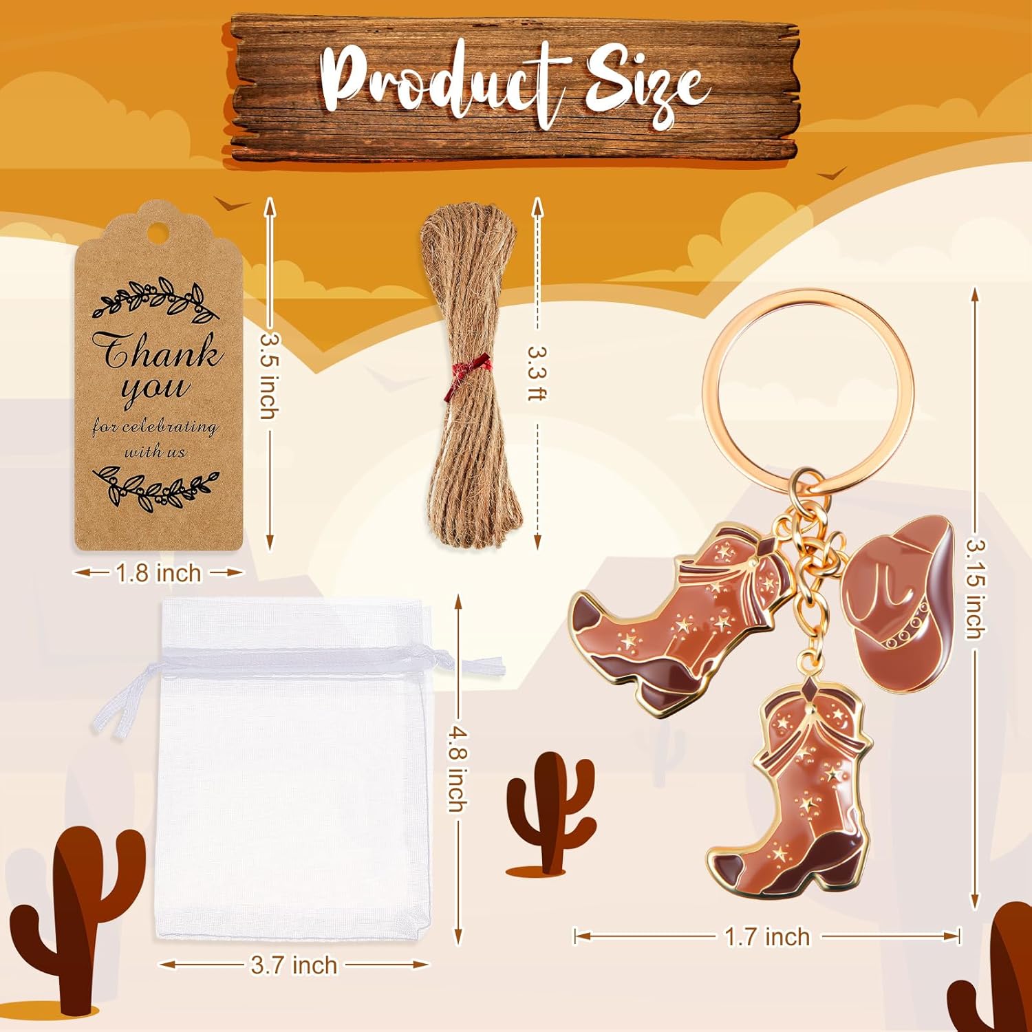 Huquary 50 Set Cowboy Western Party Favors Cowboy Keychain Hat Boot Horse Shoe Keyring with Organza Bags Thank You Tags and Rope for Guests Western Party Favor Supplies (Brown Style)