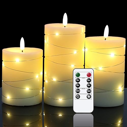 DRomance Juego de 3 velas parpadeantes sin llama con temporizador remoto, funciona con pilas, velas LED de cera real, mecha 3D, luz amarilla,
