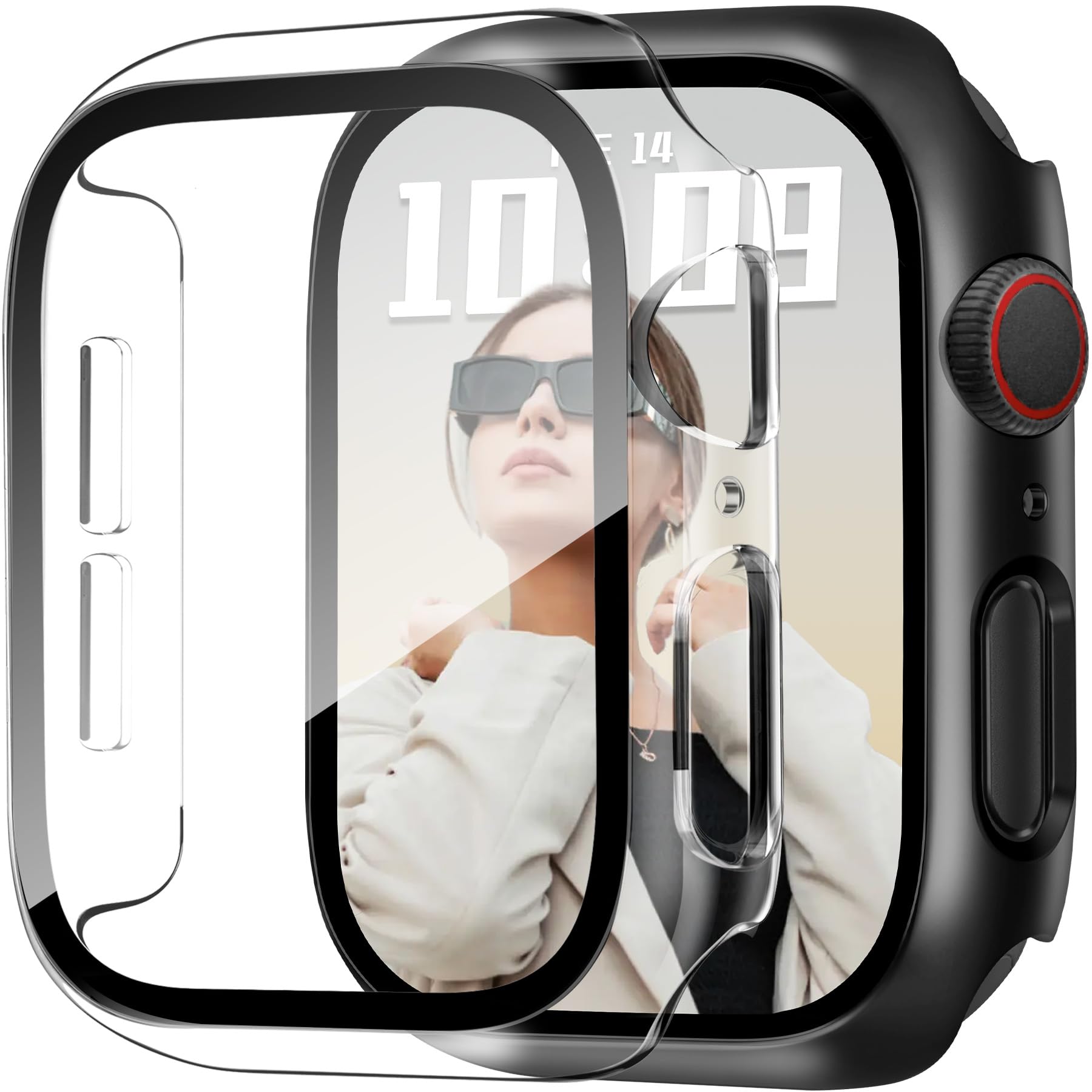 JR.DM 40mm 2 Pack Hard PC Case with HD Tempered Glass Screen Protector for Apple Watch Series 6/5/4/SE/SE2/SE3, Guard Bumper Full Coverage Protective Anti-Scratch Face Cover for iWatch, Black+Clear-image-41