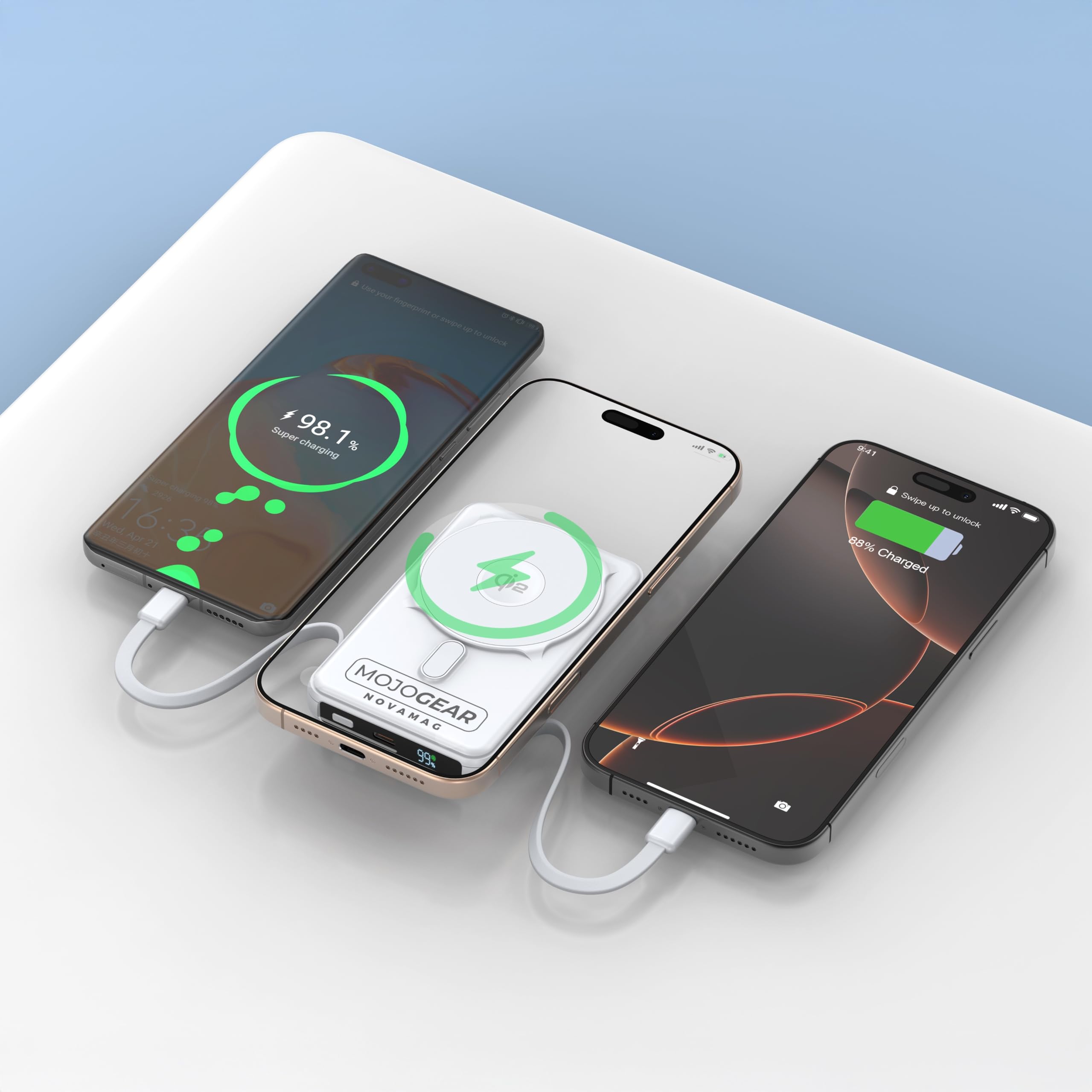 MOJOGEAR NovaMag Batterie externe tout-en-1 10 000 mAh – Charge sans fil Qi2 super rapide – Avec câble USB-C et Lightning – Compatible avec iPhone et Samsung – Batterie externe Mag Safe – Affichage