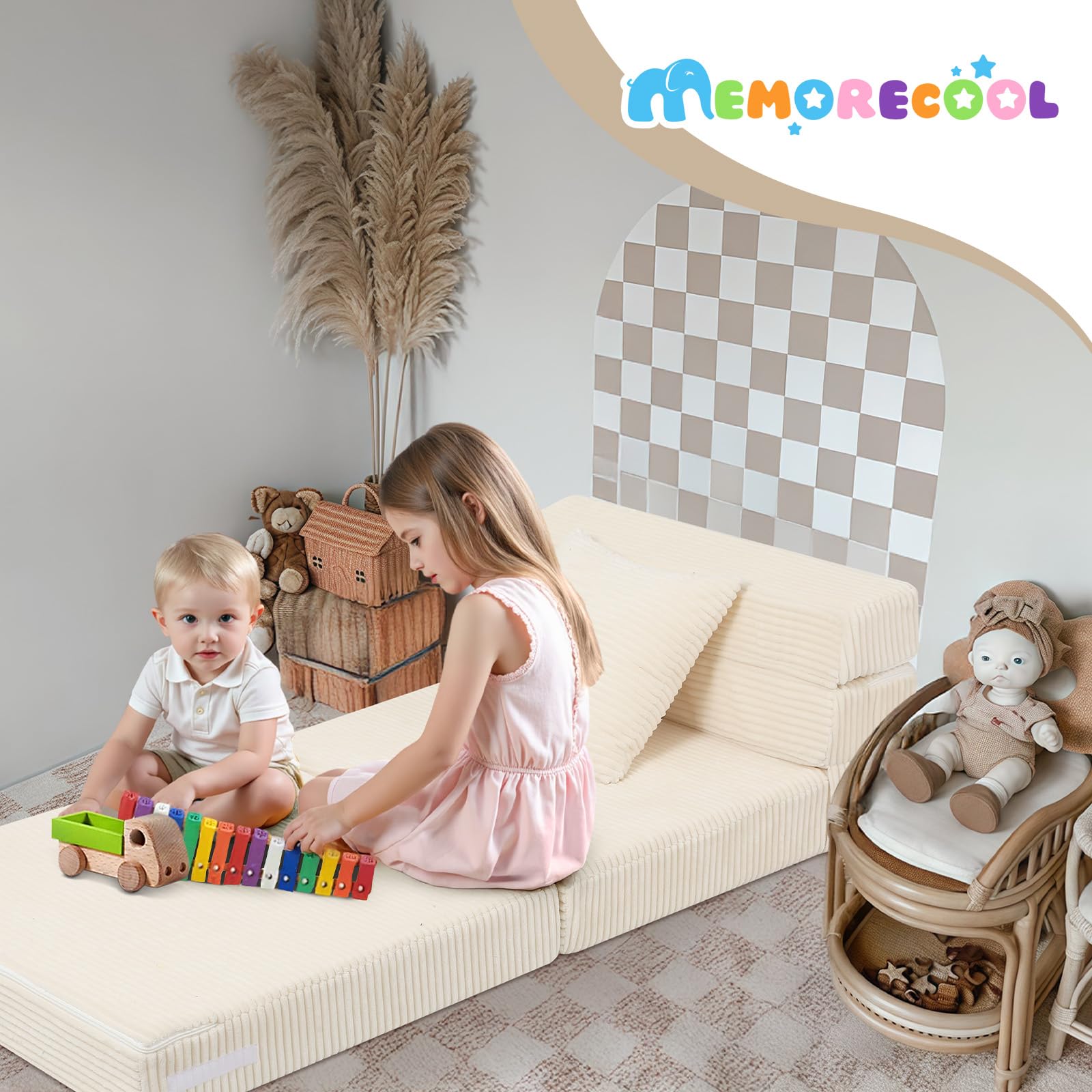 MeMoreCool Cord Spielsofa Kindersofa, Glow-Kinder Sofa, Kinder-Klappsofa, Flip-Sofa Kindercouch, Z-Bett, kindersofa ausklappbar, Bodenbett, Klappcouch für Spielzimmer, Beige