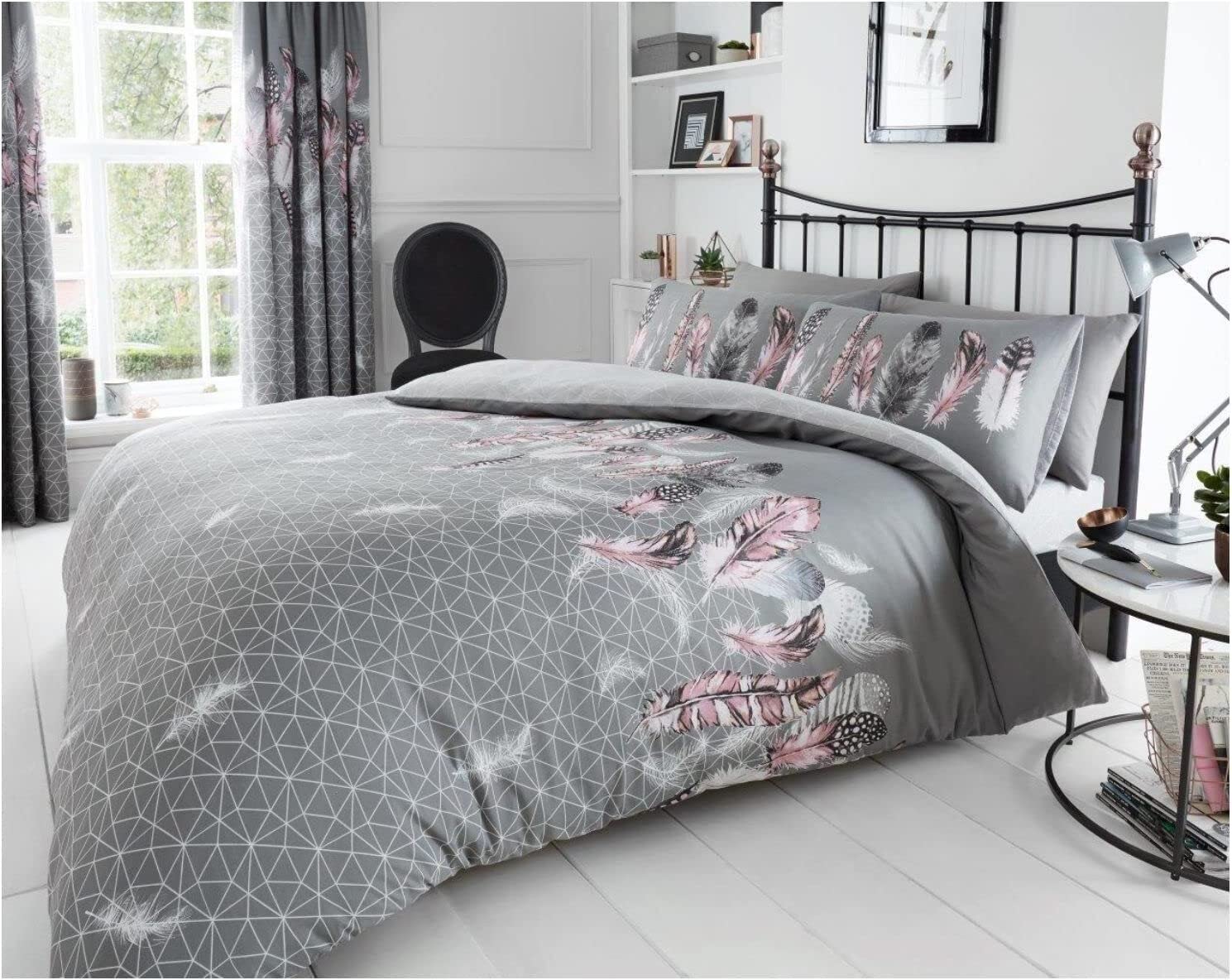Fairwayuk Feathers - Grey Feathers Grey Duvet Cover Set Double, Reversible Quilt Bedding With Pillowcase, Ultra Soft, Easy Care