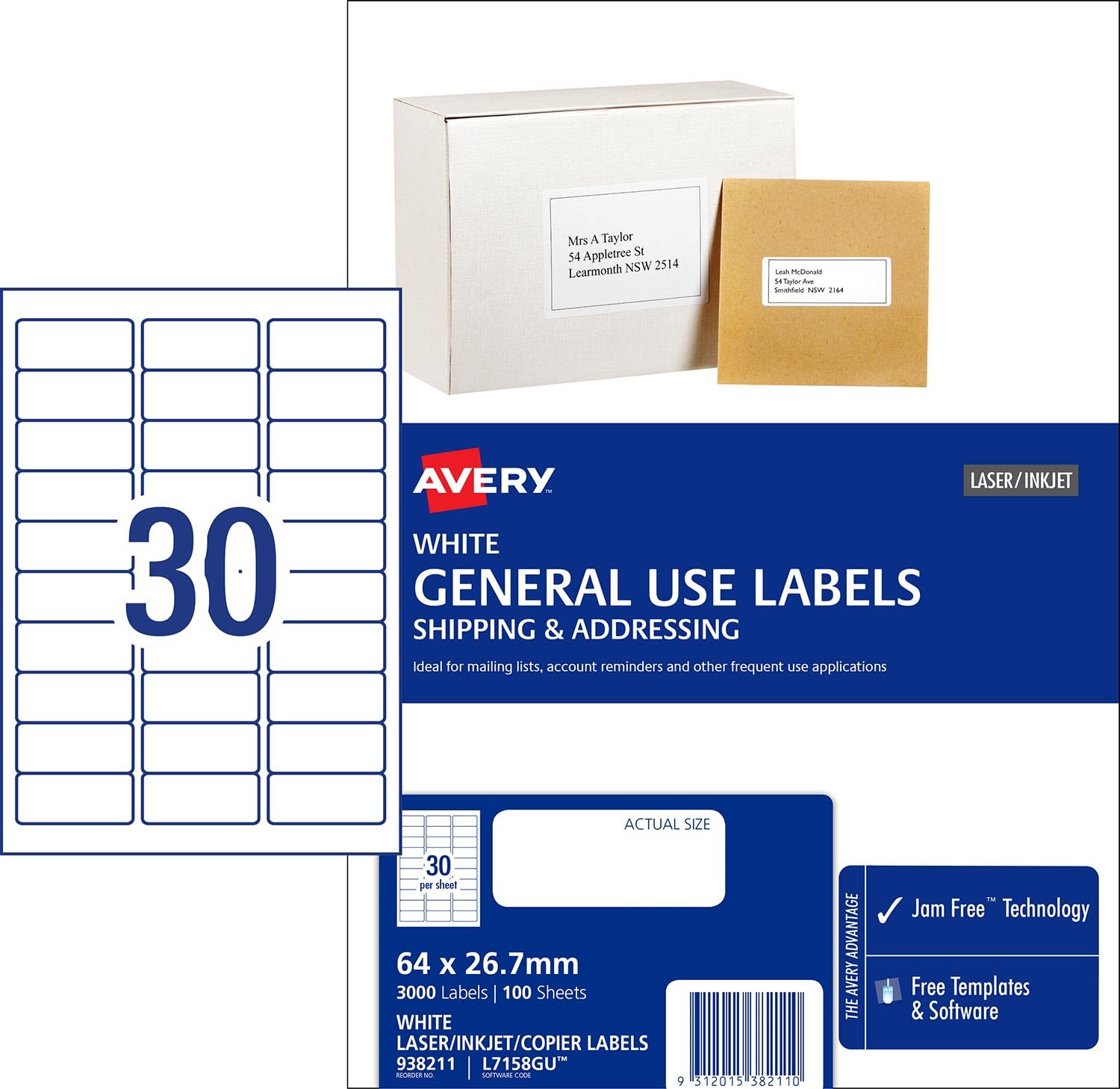 Avery - Etichette per uso generico, 64 x 26,7 mm, 3000 etichette (938211 / L7158GU)