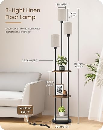 Floor Lamp with Shelves, Industrial Floor Lamp with 3 Linen Shades and Foot Switch, 3-Light Standing Lamp, for Living Room, Bedroom, Study, Rustic Brown and Beige ZEF53LDK05 [Energy Class F]