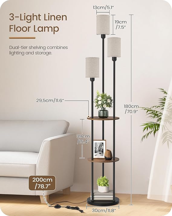 Floor Lamp with Shelves, Industrial Floor Lamp with 3 Linen Shades and Foot Switch, 3-Light Standing Lamp, for Living Room, Bedroom, Study, Rustic Brown and Beige ZEF53LDK05 [Energy Class F]