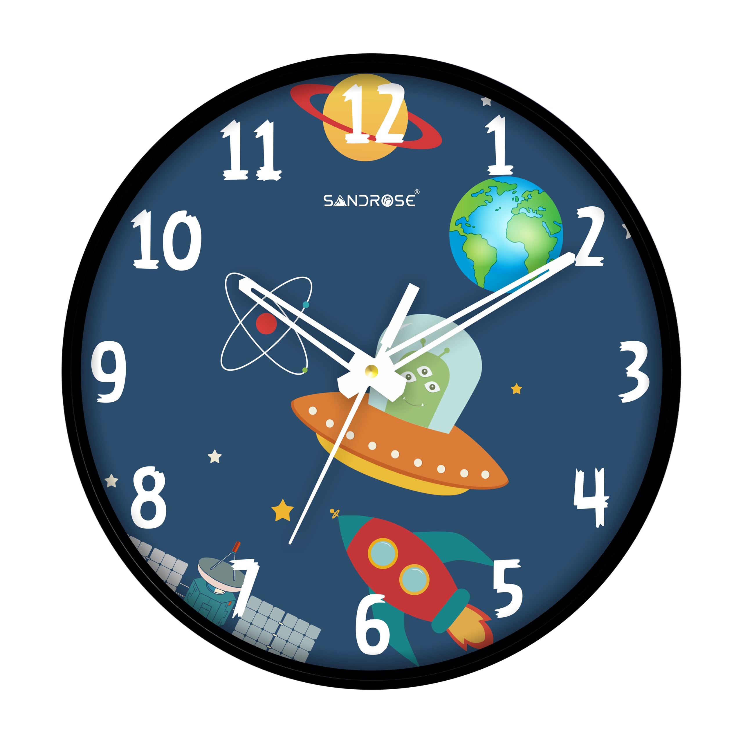 SANDROSE Plastc Space Theme Wall Clock for Living Room Stylish Latest with Glass for Home, Clock for Bedroom Stylish, Hall, Kitchen, Office (Multicolour, 10 inch, 24 cm x 24 cm x 4.5 cm)
