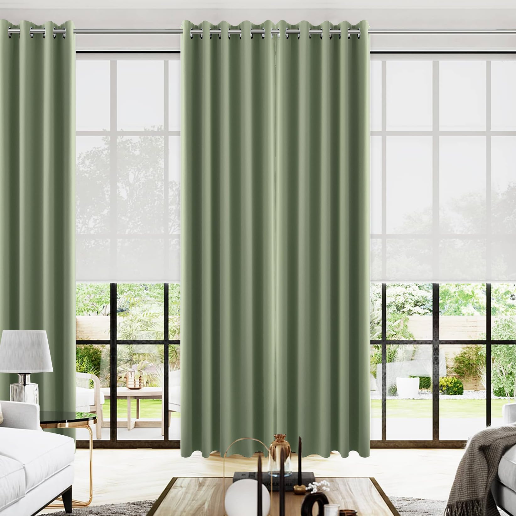 KOUFALL 96 Inch Long Curtains 2 Panel Set,Blackout Extra Wide Thermal Grommet Blacked Out Curtains for Bedroom,72 Inch Wide x 96 Inch Length,Sage Green