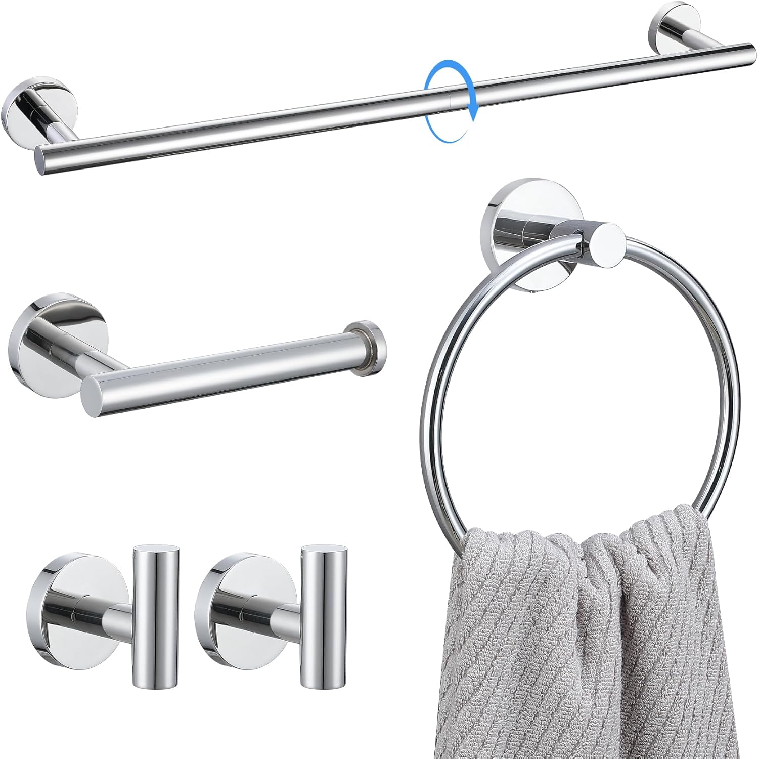 Lairuier Bathroom Hardware Set,Polished Chrome 5-pieceTowel Bar Set Stainless Steel Wall Mounted Bathroom Hardware Accessories Set (Towel Ring Polished Chrome) Thumbnail
