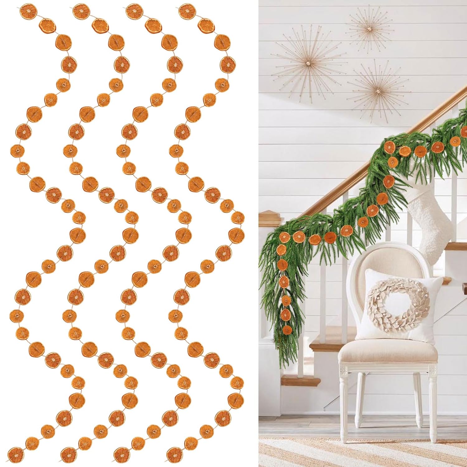 4Pcs Dried Orange Slice Christmas Garland 10ft Christmas Decorations Realistic Farmhouse Christmas Decor for Mantle Front Door Porch Fireplace Christmas Tree Home Indoor