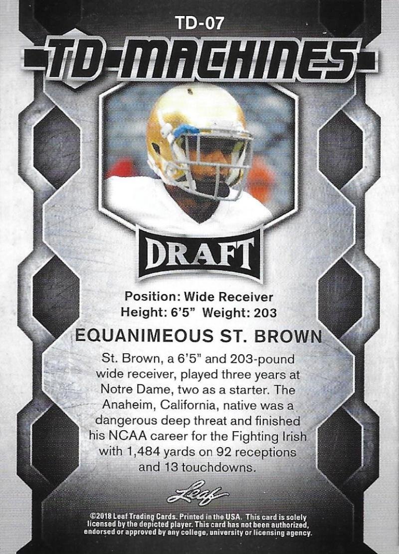 2018 Leaf Draft TD Machines #TD-07 Equanimeous St. Brown Notre Dame Football Card : Collectibles & Fine Art