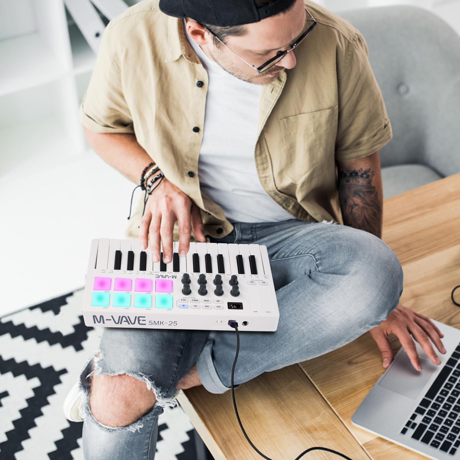 Nikou M-VAVE MIDI Tastiera Controller, USB Mini 25 Tasti dinamici Professionali Tastiera Elettrica Arranger Tastiera con Cuscinetti RGB, Bianco