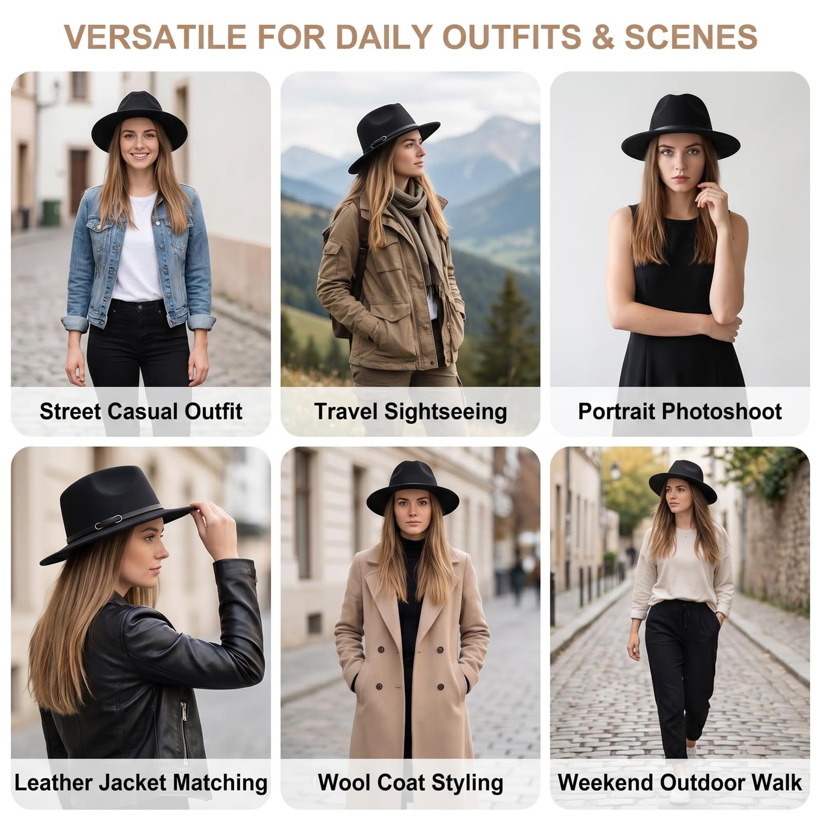Fedora unisexe classique en laine mélangée avec large bord en feutre Chapeau Panama Trilby Chapeau d'église Derby avec boucle de ceinture Noir
