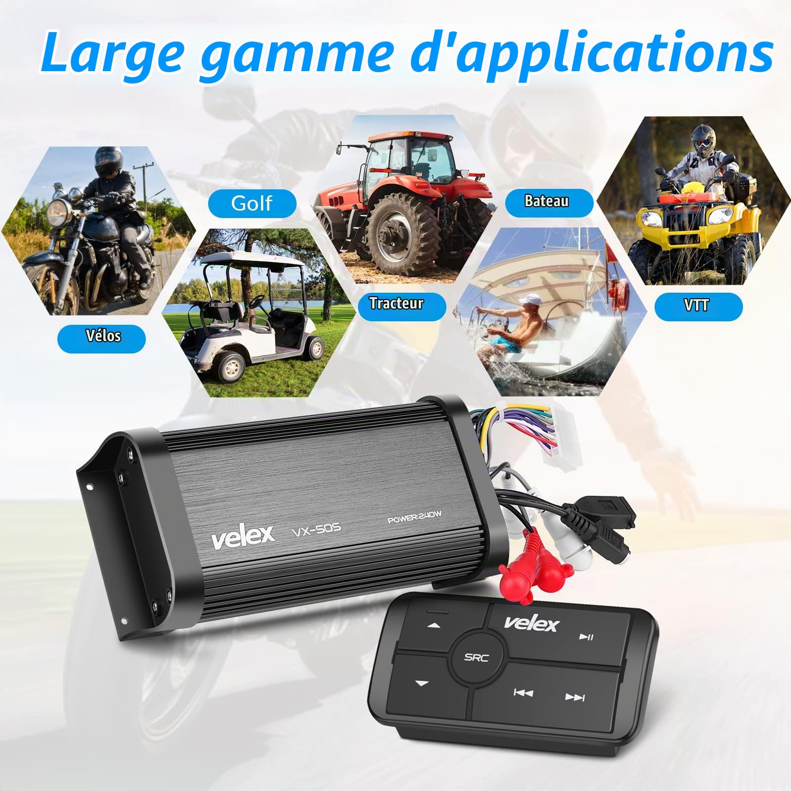 Amplificateur Bluetooth marin 4 canaux Classe D Amp stéréo sur les bateaux UTV ATV Golf Chariots et voitures