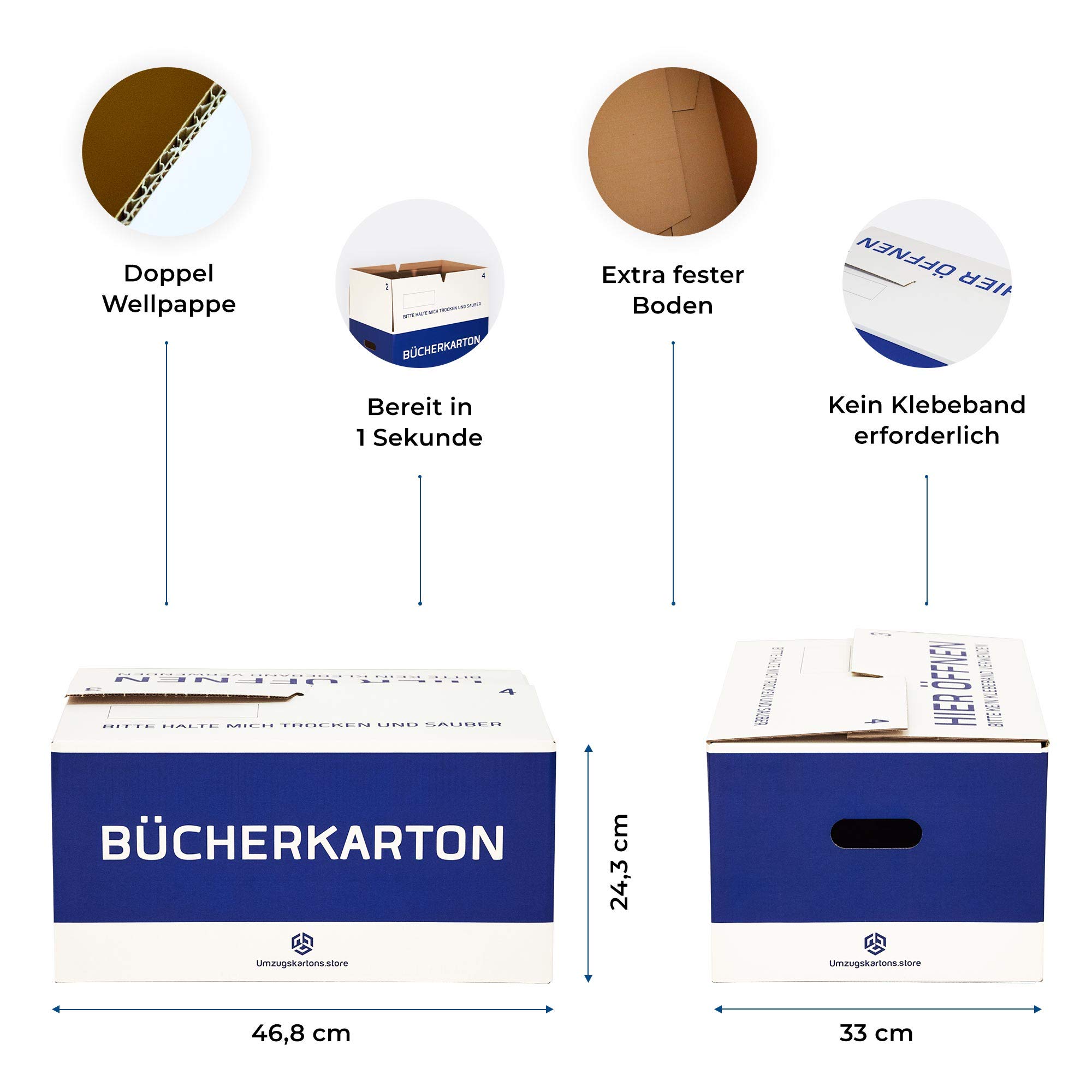 Bücherkartons Professionell - 10 Stück - 35 Liter - Entfaltet sich Automatisch - Selbstschließend - Bücherboxen - Doppelte Wellpappe - Umzugskartons