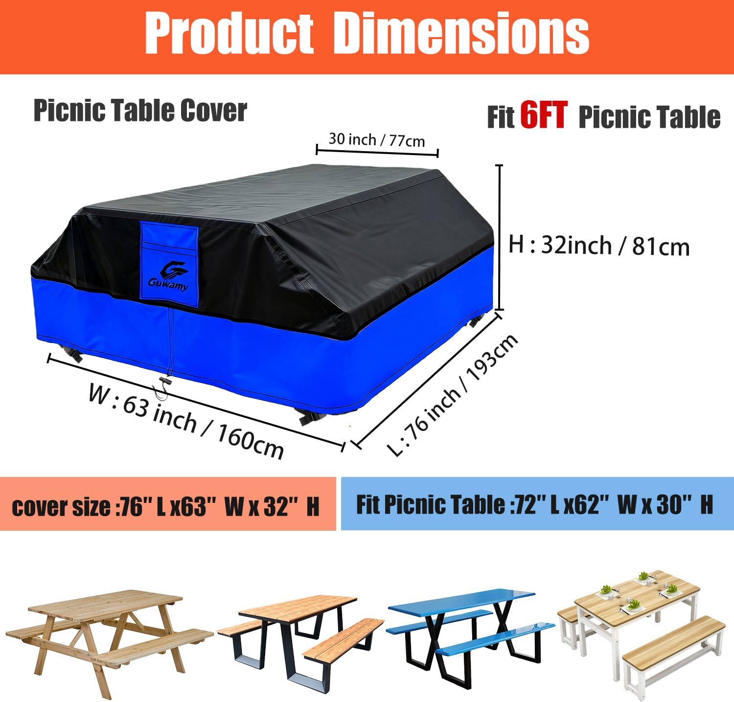 72Inch Heavy Duty Outdoor Picnic Table Cover – Waterproof (≥10008mmH₂O), UV-Resistant & All-Season Protection for Patio Garden Furniture | Black/Blue Design