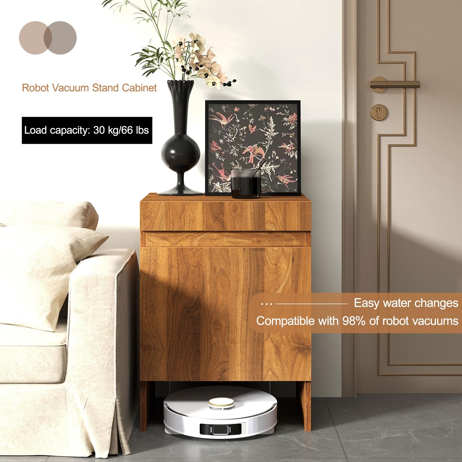 Armario de soporte para aspiradora robot – Mesa auxiliar oculta para muebles del hogar, diseño de vaciado automático, fácil acceso para mantenimiento