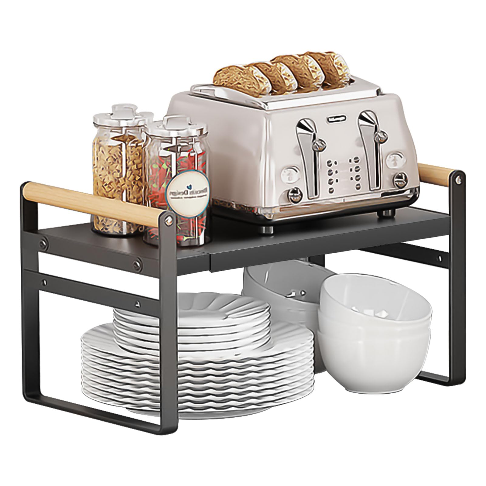 Kitchen Expandable Shelf Organiser - Adjustable 37 to 60cm, Extendable Cabinet Storage Shelf Stand, Countertop Kitchen Shelves, Multi-Function Space Saver Plate Organiser for Countertop(Black)