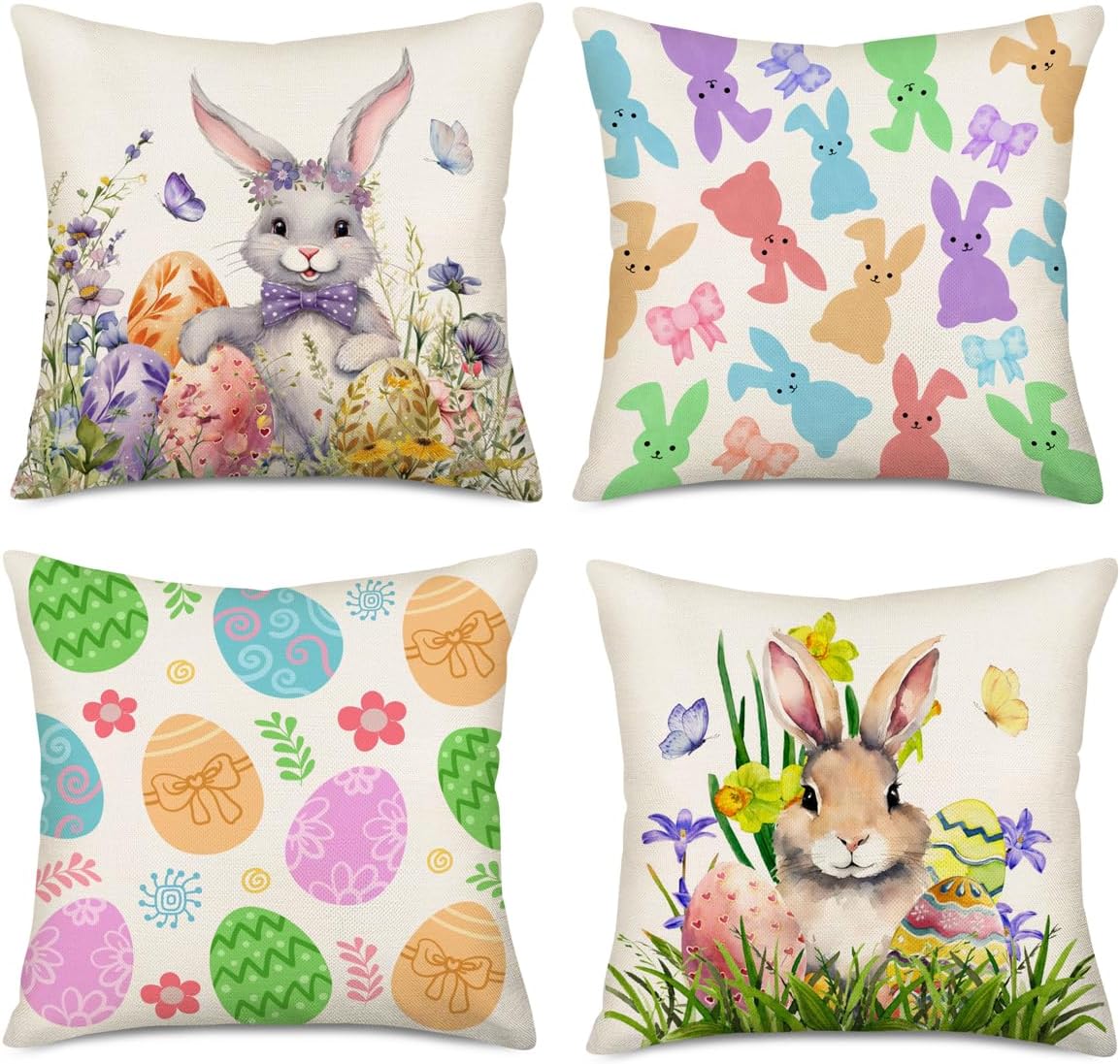Happy Easter Pillow Covers 20x20 Inch Set of 4 Rabbit Bunny Butterfly Egg Floral Leaves Spring Farmhouse Decoration Throw Pillow Cases Cushion Cover Cotton Linen for Sofa Couch