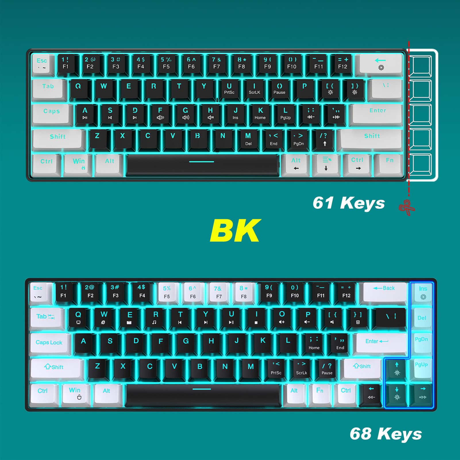 Goshyda Tastiera da Gioco Meccanica al 65%, Tastiera Meccanica Cablata a 68 Tasti, Retroilluminazione Blu Ghiaccio, Tastiera da Gioco a Doppio Colore, Cavo USB Rimovibile, Asta Blu
