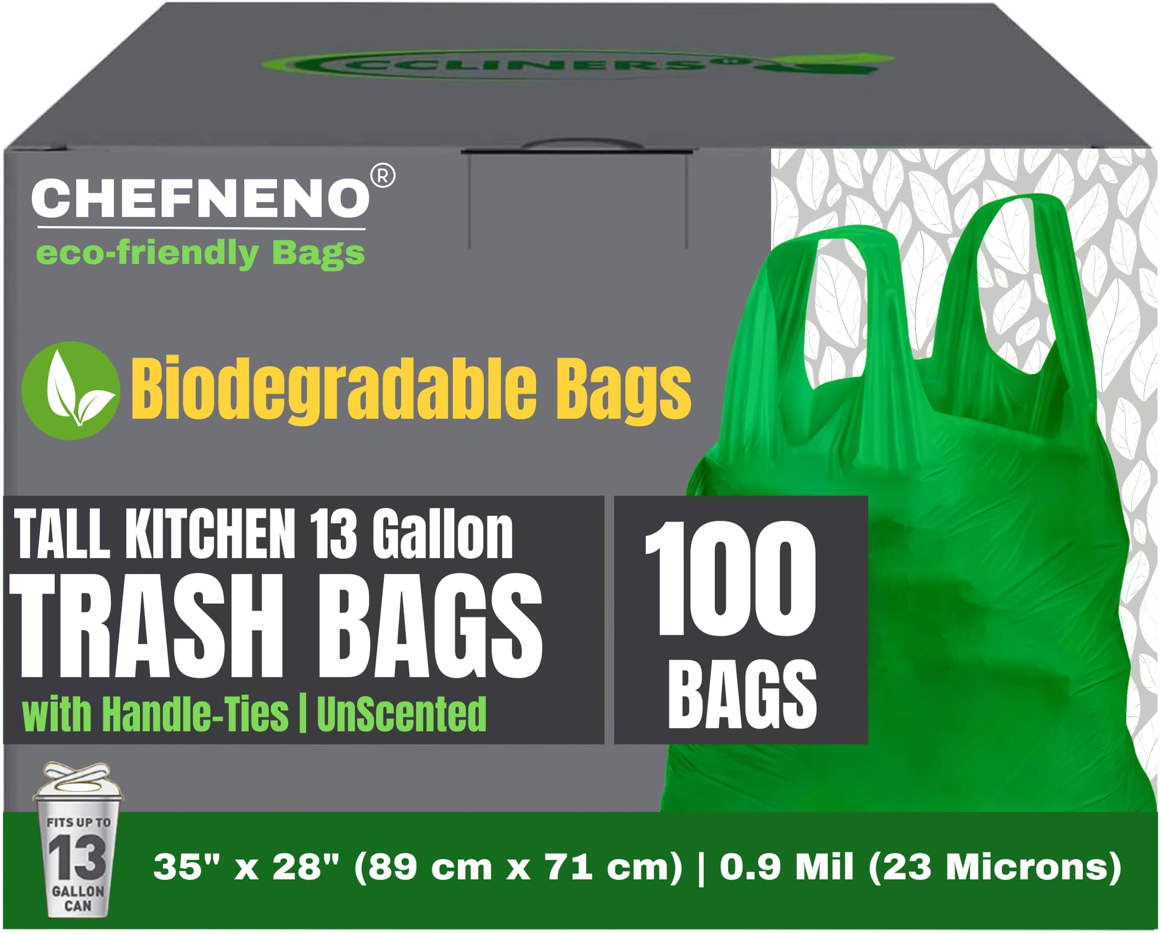 Eco-friendly 13 Gallon Biodegradable Tall Kitchen Trash Bags with Handles (100 Count) Green Medium Garbage Can Liners for Wastebasket and Portable Camping Toilet Use Made With epi TDPA
