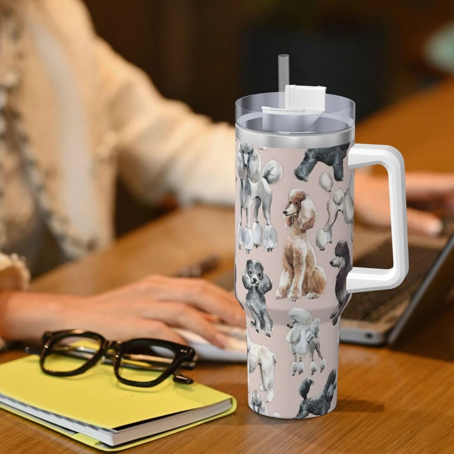 40 OZ Oodles of Poodles Print Ice Bully Cup with Handle Straw Lid Straw,Stainless Steel Tumbler Coffee Cup