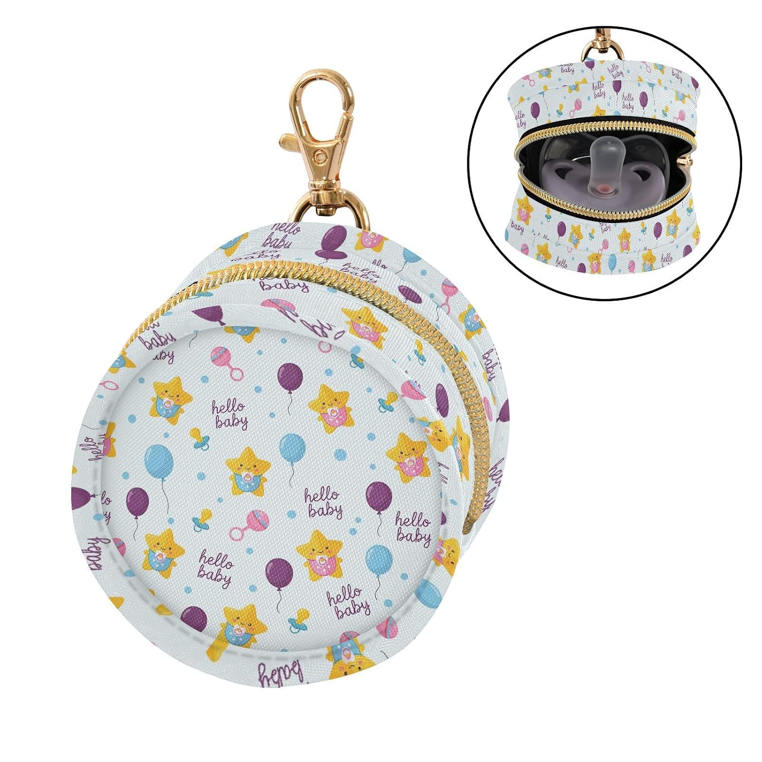 Hello Star Balloon Baby Pacifier Holder Case with Clip Portable Pacifier Storage Organizer Round Container Pouch Box Fits Diaper Bag Stroller Purse image 2