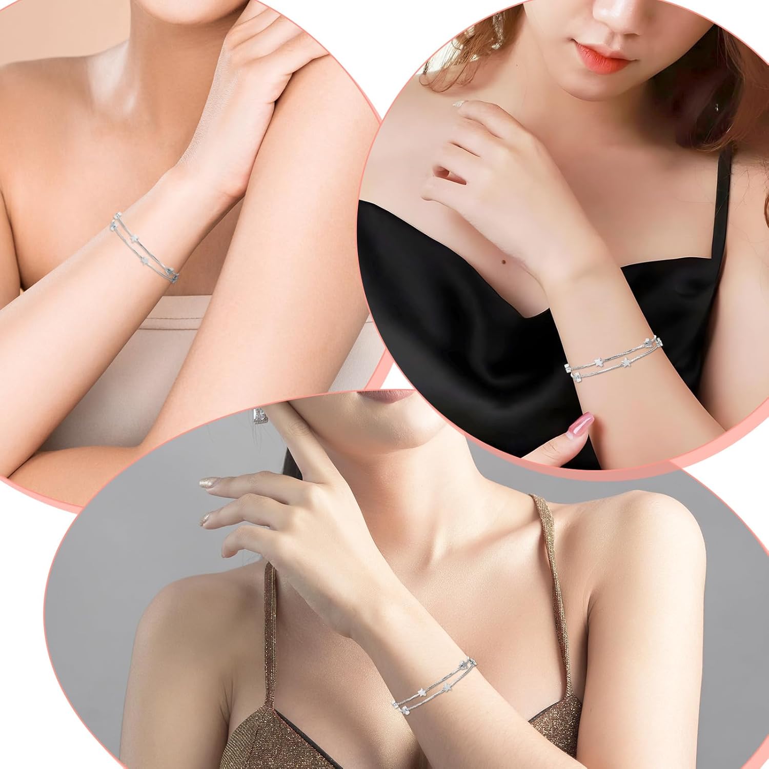 Stars Bracelet for Women, Silver Jewelry Stars Double Chain Bracelet Beaded Star Charm Bracelet Ankle Bracelets Minimal Bracelet Dainty Chain Simple Jewelry Gifts for Women Teens - Image 4