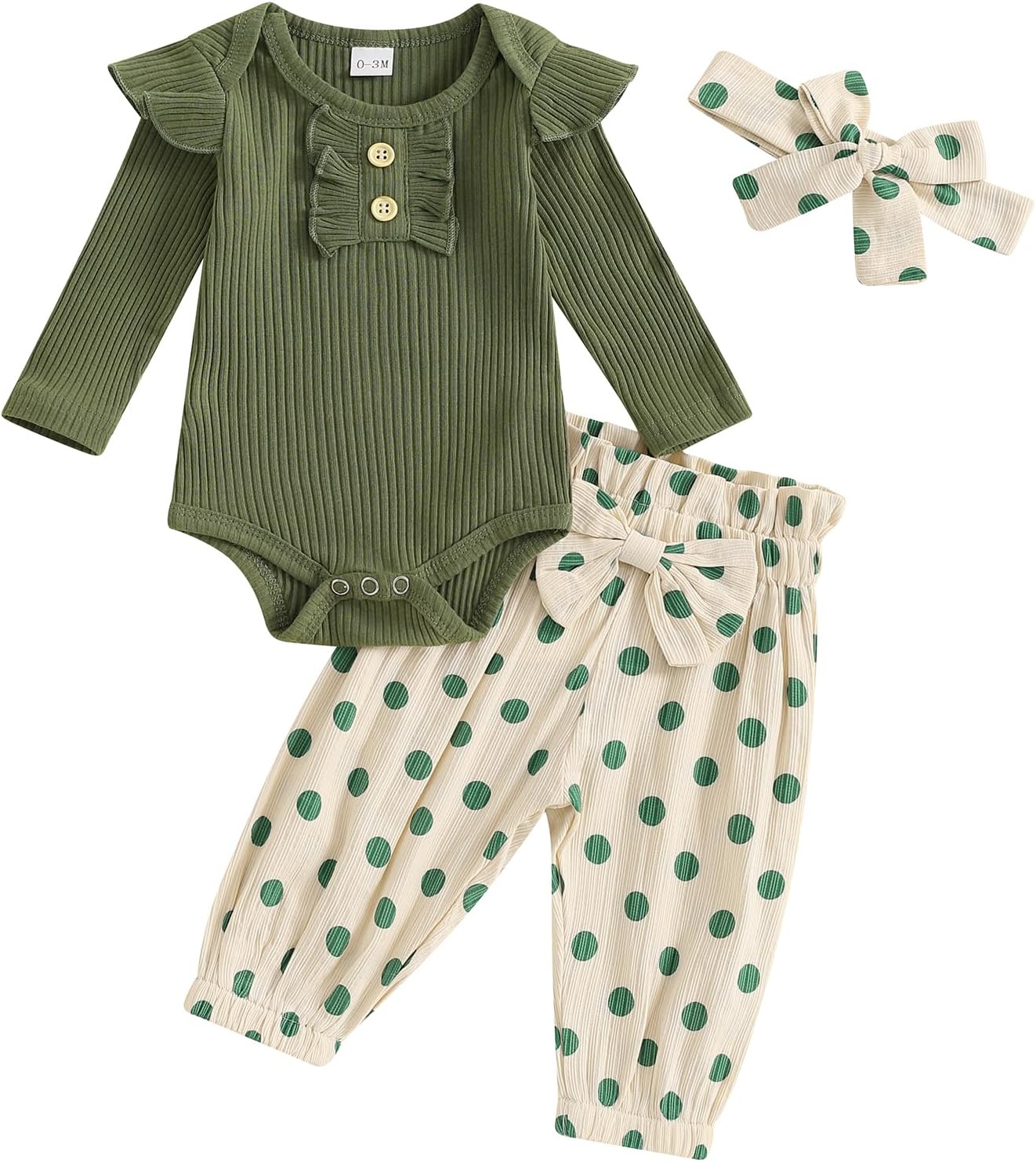Carolilly Body 3 pièces en coton à manches longues à volants pour bébé fille + pantalon imprimé à pois ou à fleurs avec nœud papillon à la taille (0-18 mois)