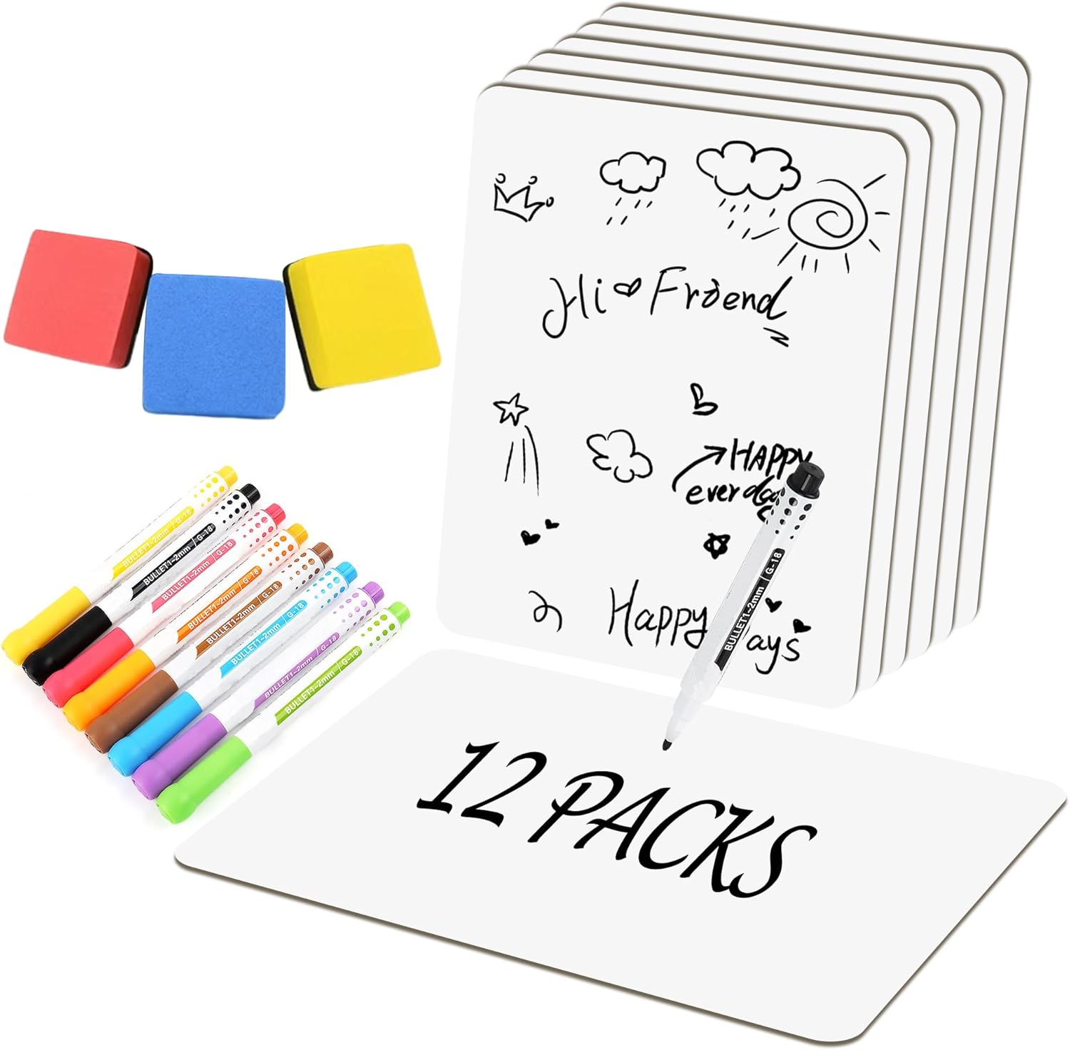 pmybupo Set of 12 Small White Board Dry Erase Boards Classroom 9" x12” Double Sided Personal Whiteboards for Teachers Lapboards Mini Whiteboard Erasers Incl and Colors Pens
