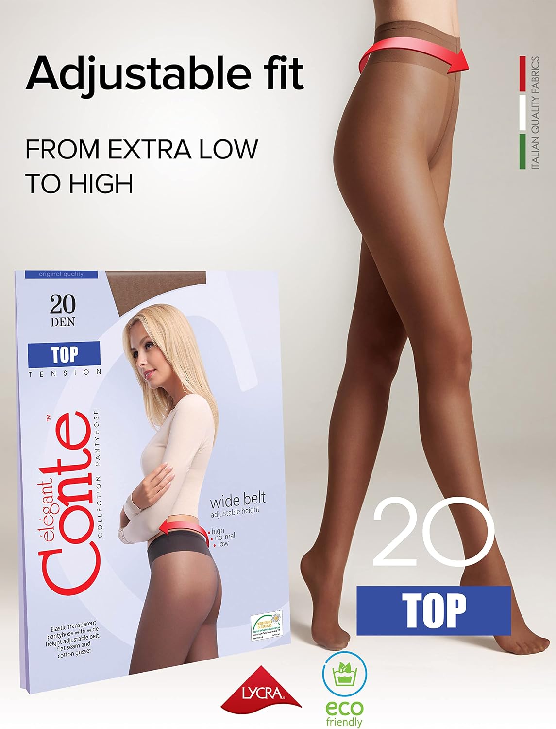 Conte Tights Sheer to Waist Hipster Low-Rise Pantyhose with Adjustable Belt, Top 20 Den