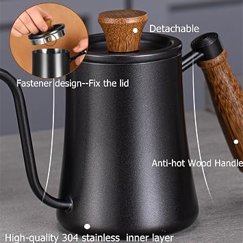 Pour Over Coffee Kettle, 550ml Gooseneck Kettle Spout Coffee Tea Pot with Thermometer, Anti-Hot Wooden Handle,Stainless Steel Tea Kettle with Long Narrow Spout Hand Drip Kettle(Black)