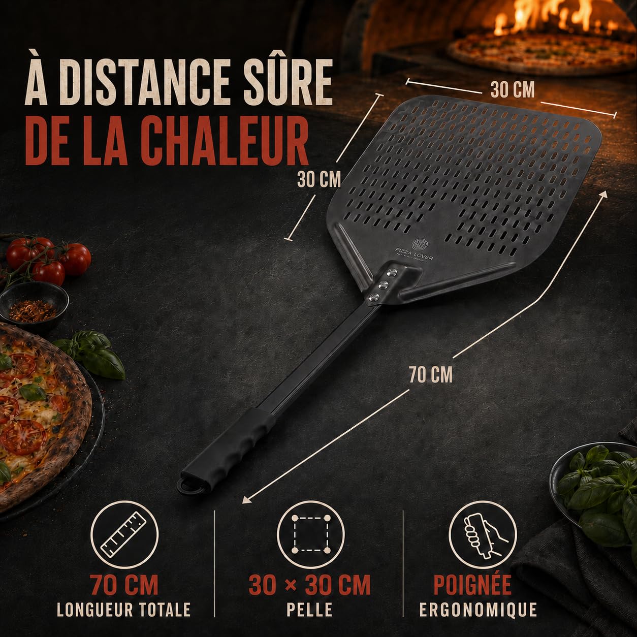 Pizza Lover Pelle à pizza perforée de qualité supérieure 30 x 30 cm spatule à pizza (anti-adhésif) pour pizza & pain faits maison Accessoire idéal pour pierre à pizza, four & barbecue